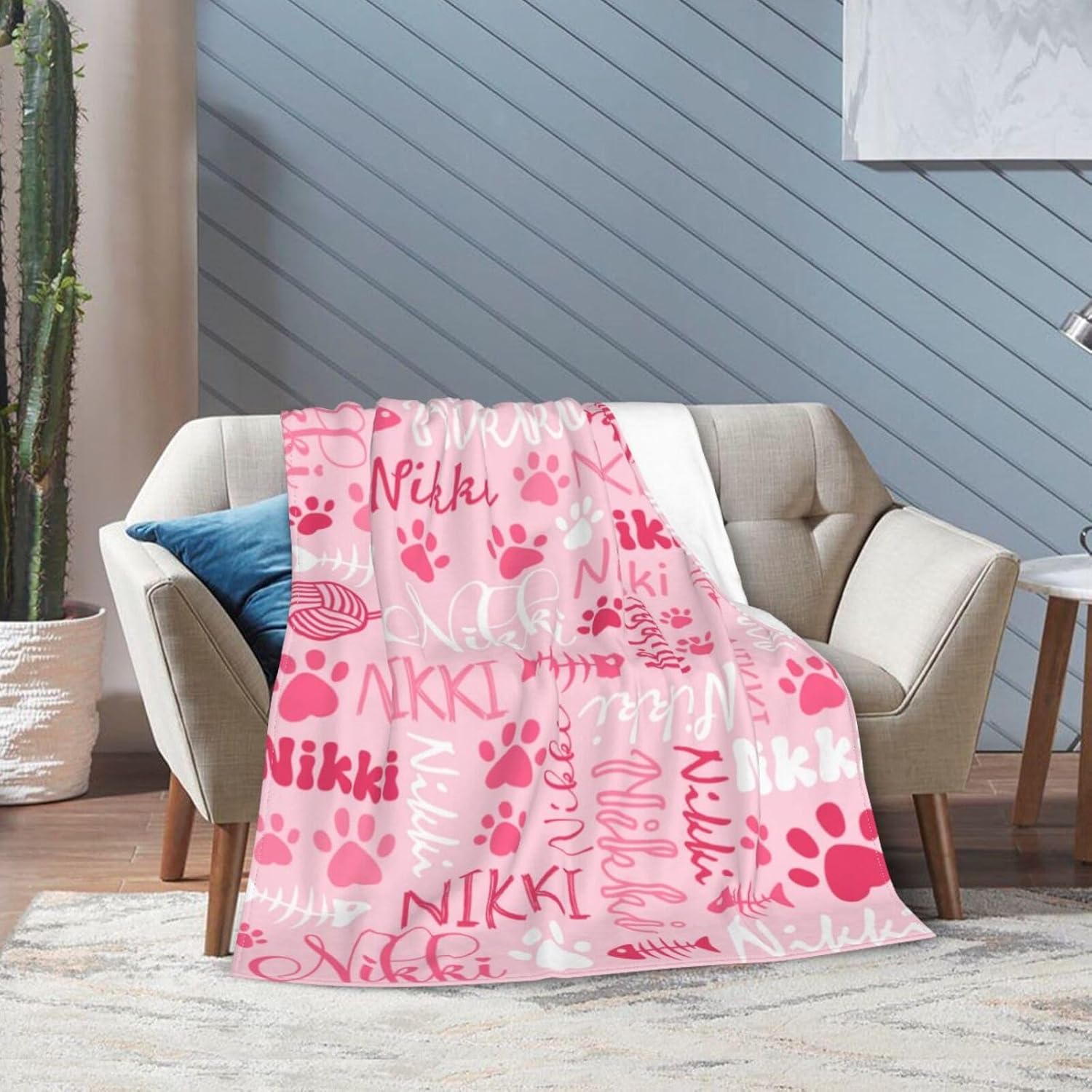 Personalized Pet Name Blanket Custom Catss Blanket,Cats Gift for Cats Lovers Mom Dad Cute Pink Cats Paw Soft Flannel Throw Blanket L 80"X60" Adults