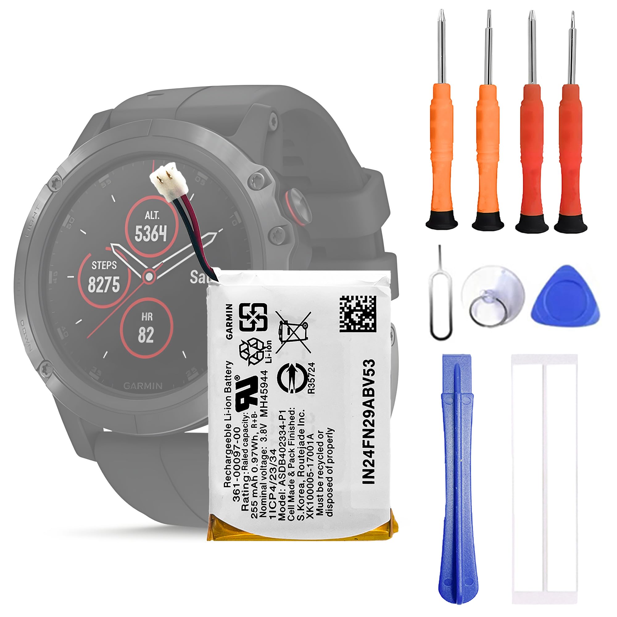 361-00097-00 - Batteria di ricambio compatibile con Garmin Fenix 5 Multisport GPS Watch Smartwatch con kit di attrezzi di riparazione