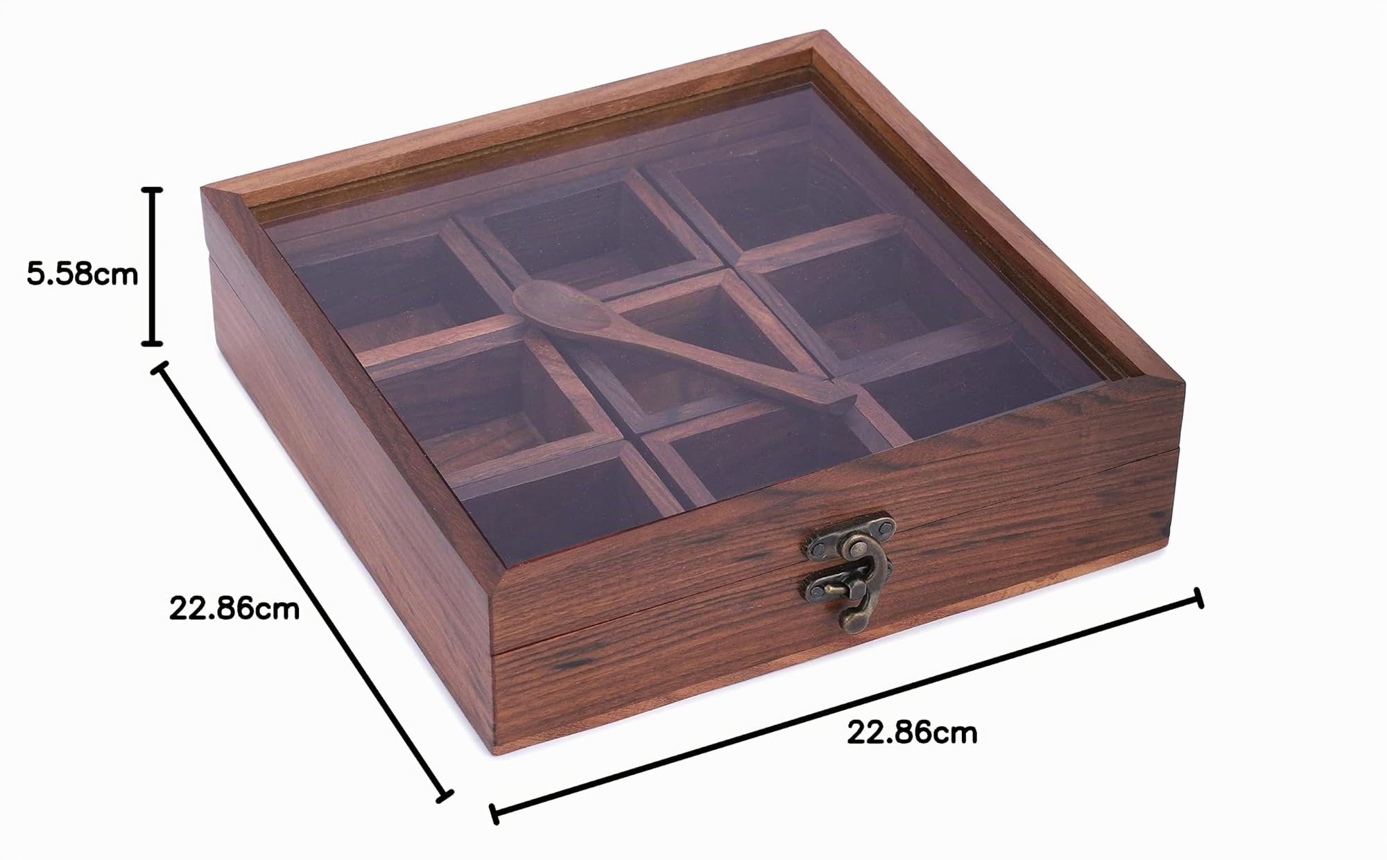Ajuny Scatola Porta Spezie in Legno 9x9 pollici - Organizer Decorativo per Masala Dabba con Coperchio in Vetro, 9 Scomparti e Cucchiaio, Ideale per Condimenti ed Erbe Aromatiche, Regalo