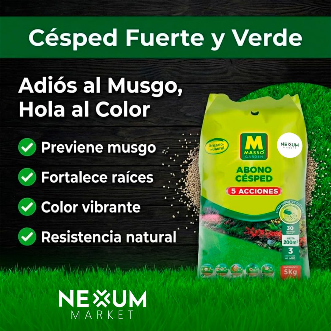 Abono Césped Granulado con 5 Acciones | Aplicación Directa a Mano de Liberación Lenta | Revitaliza y Mantiene Césped | Anti-Musgo, Reverdecedor y Fertilizante | Nexum Market (6 KG)