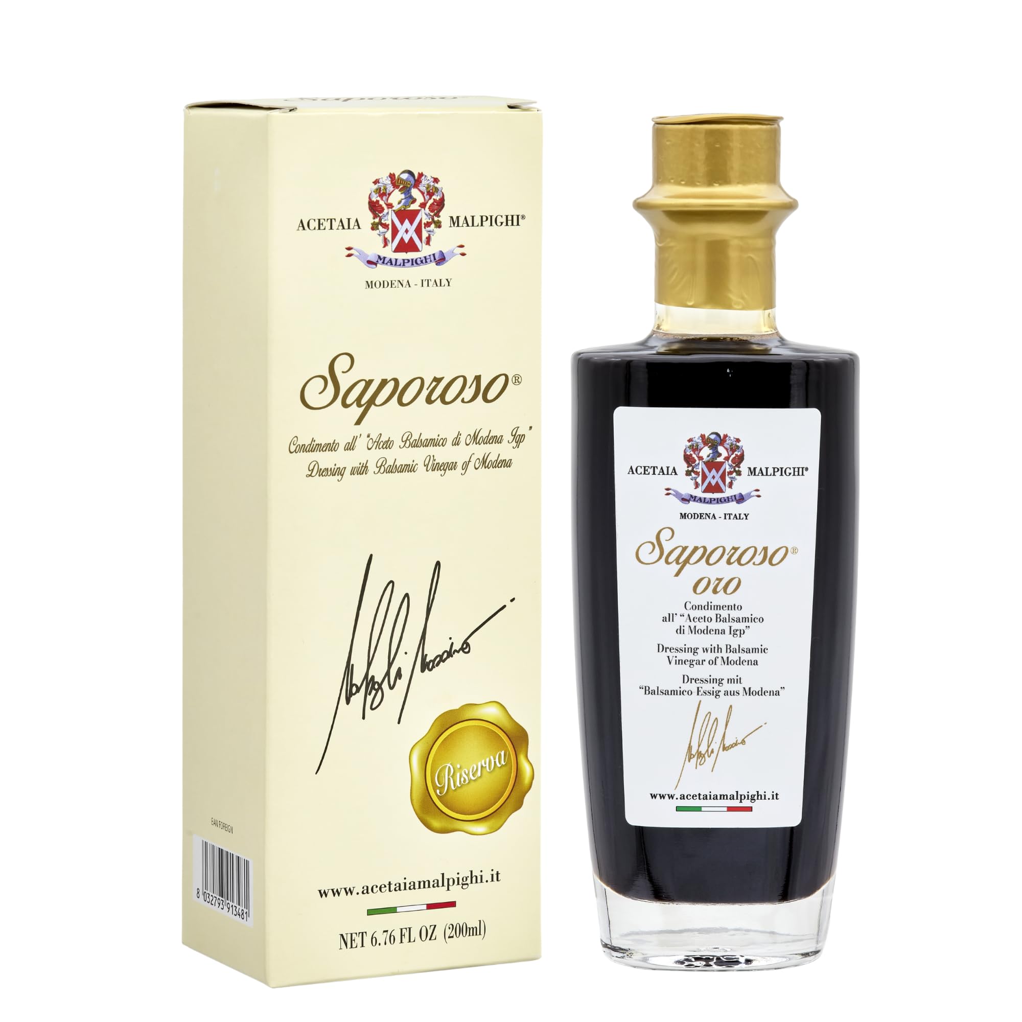 Acetaia Malpighi – Condimento al Vinagre Balsámico de Módena IGP Saporoso Sigillo Oro – 200 ml – Afinado 8 Años en Barricas de Roble – Sin Caramelo