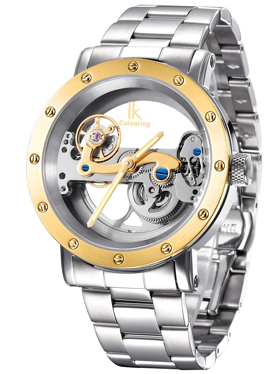 Alienwork IK Automatikuhr Armbanduhr Herren Damen Silber Edelstahl Metallarmband Skelett Glasboden