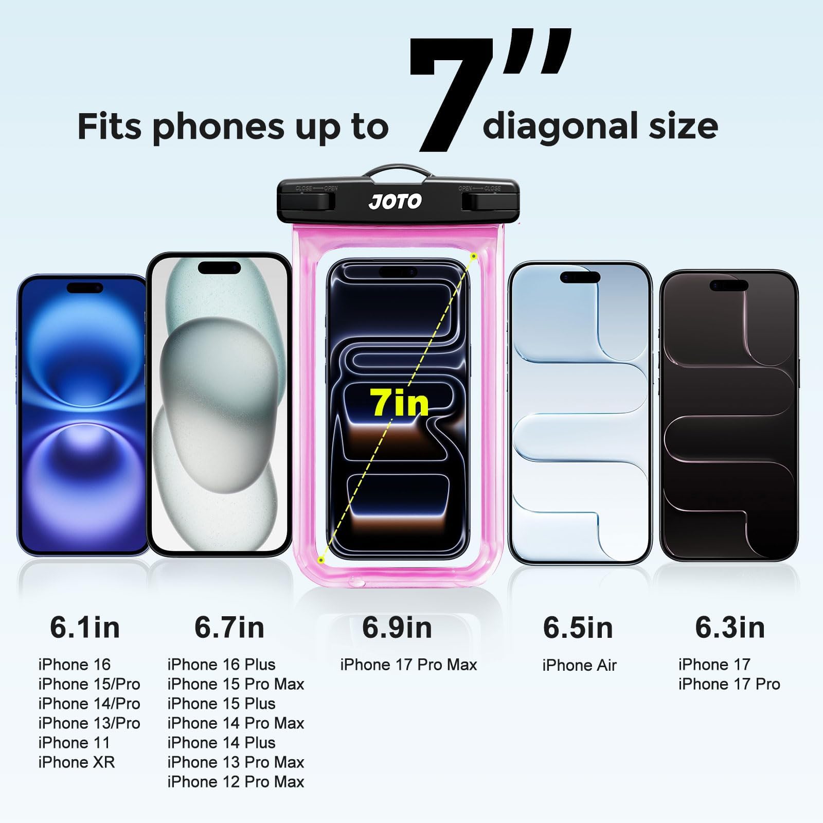 JOTO Waterproof Phone Pouch Cellphone Dry Bag Case for iPhone 17 Air 16 15 14 13 12 Pro Plus Max XR X 8 7 6S SE, Galaxy S23 S22 S22+ S21 up to 7" -Pink