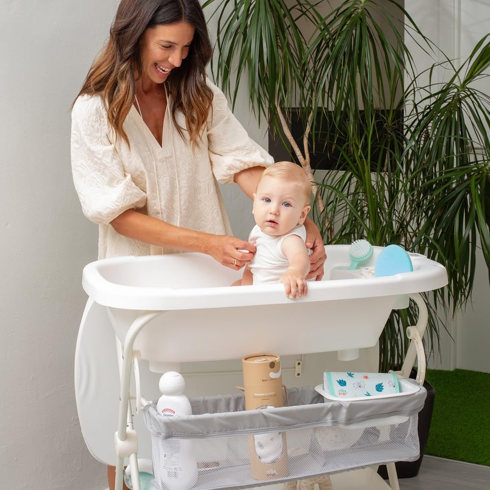 Interbaby Bañera Bebé Cambiador Plegable Patas, Ruedas, Hamaca (Dino) | Bañera con cambiador 2 en 1, hamaca anatómica extraíble, patas antideslizantes, altura ergonómica, portátil