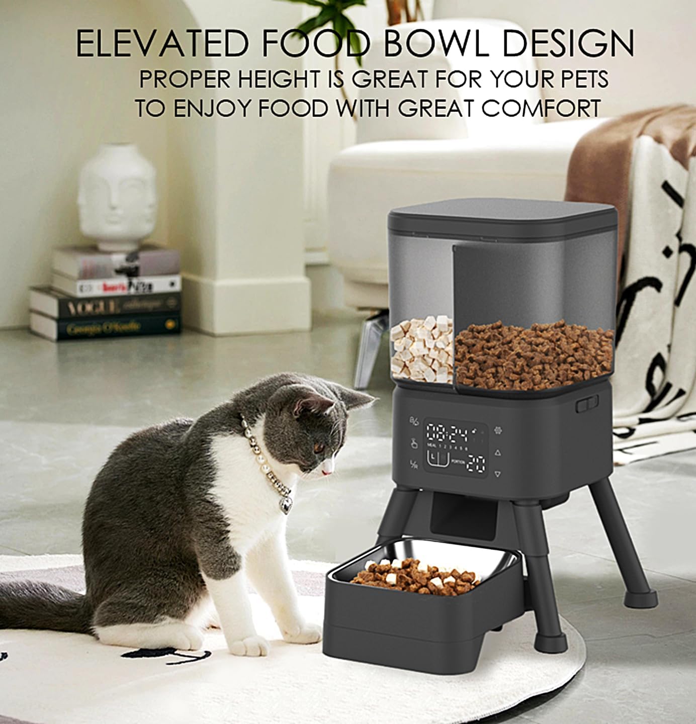 GROOVYPETS Automatic Pet Feeder with a cat, illustrating its elevated food bowl design.