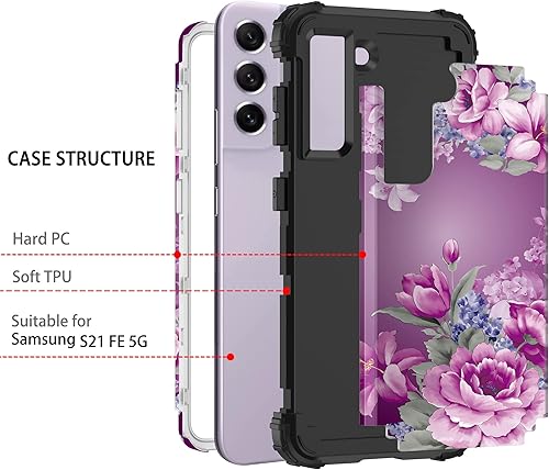 Miniatura 2 de LONTECT Funda protectora híbrida resistente 3 en 1 para Galaxy S21 FE 5G (no compatible con S21 5G), diseño floral, a prueba de golpes, resistente,