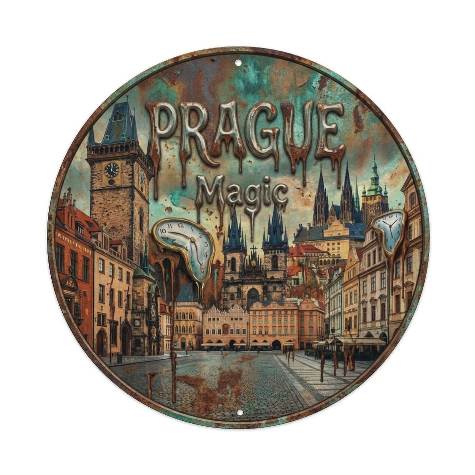 Vintage Travel Prague Czechia Wonder Metal Tin Sign