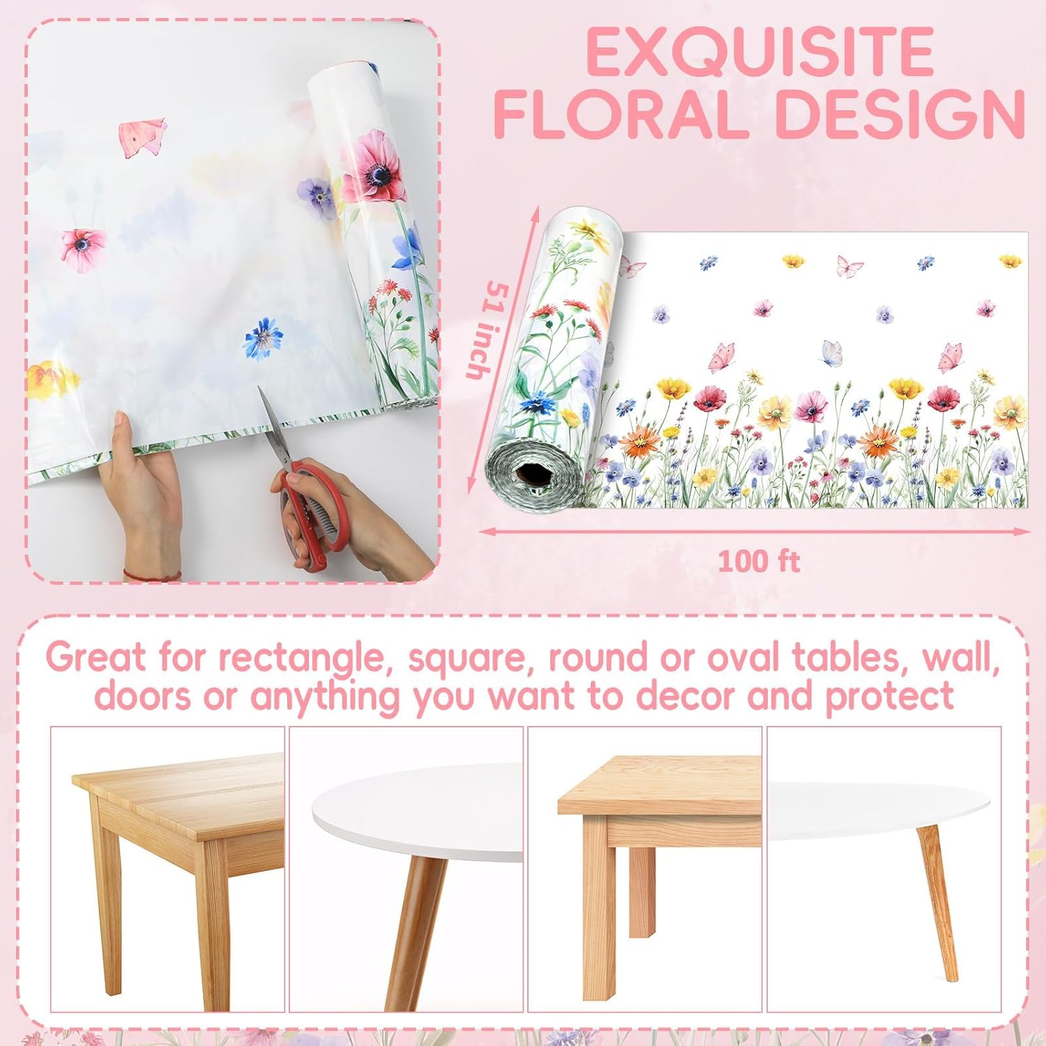 Spring Floral Tablecloth Roll 100 Ft x 51 Inch Spring Table Cover Roll Plastic Wild Flower Party Table Cloth Decoration Disposable Plastic Tablecloth for Springtime Birthday Party Wedding Tea Supplies