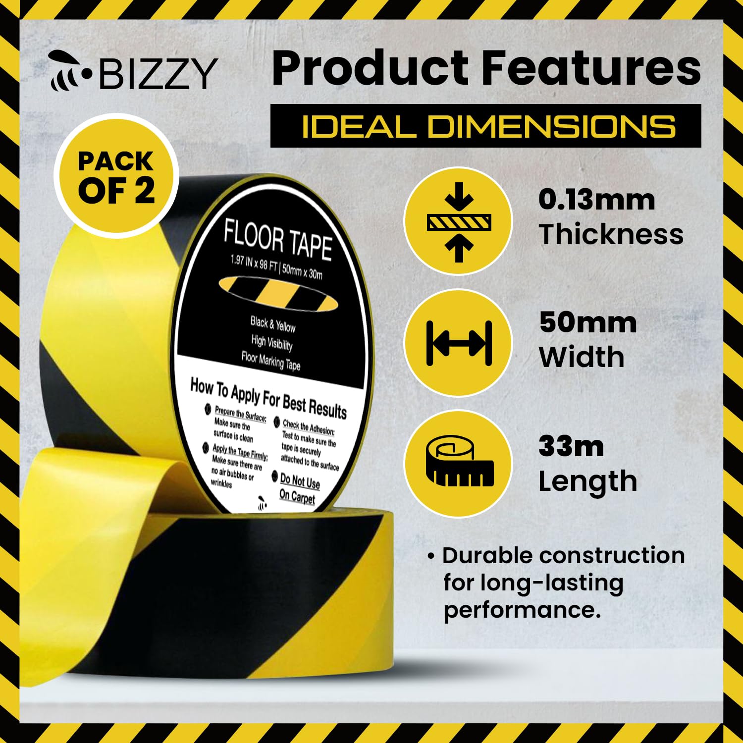 Black and Yellow Safety Tape 2" X 108' Industrial | Yellow and Black Caution Floor Tape | Watch Your Step Tape | Floor Marking TapeRoll (60 Count)