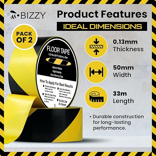 Miniatura 2 de Cinta de suelo negra y amarilla de 2 pulgadas x 108 pies  Cinta de piso de almacén  Cinta de piso amarilla y negra para el aula  Cinta de marcado de