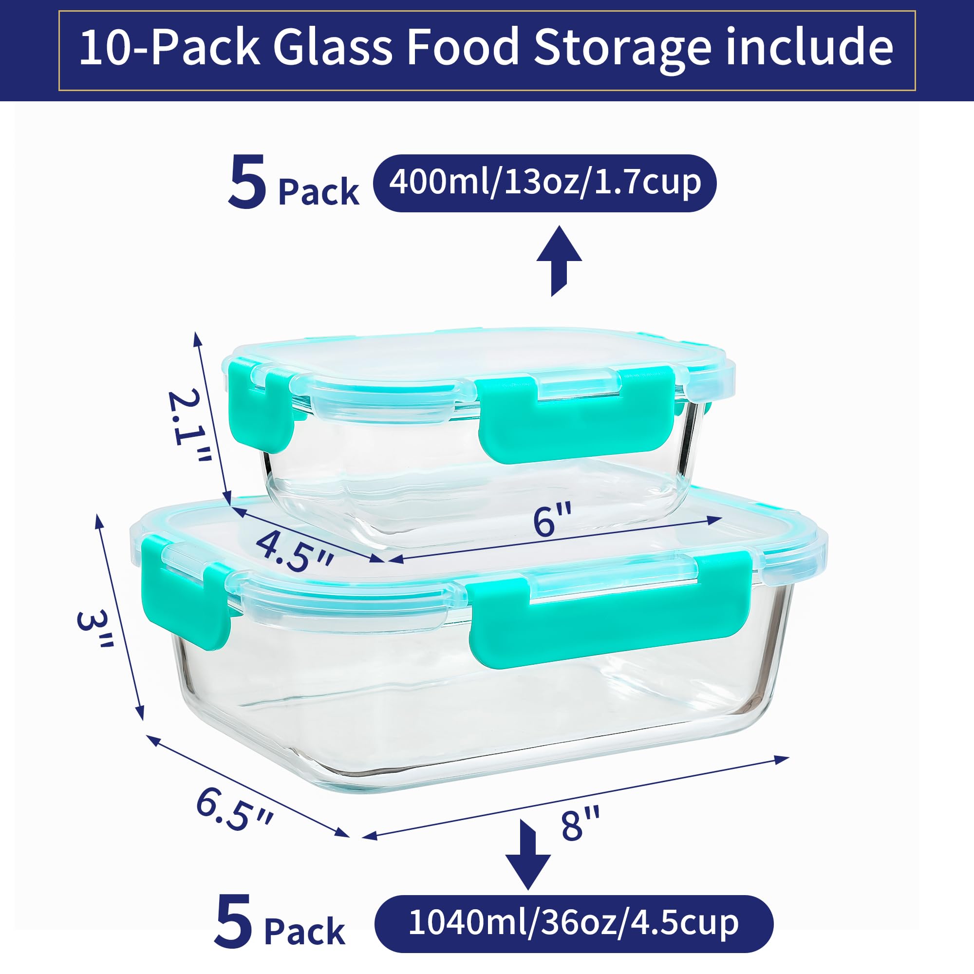 MFY Juego de 10 recipientes de cristal con tapas, herméticos para almuerzos con tapas, aptos para microondas, horno, congelador y lavavajillas, color verde