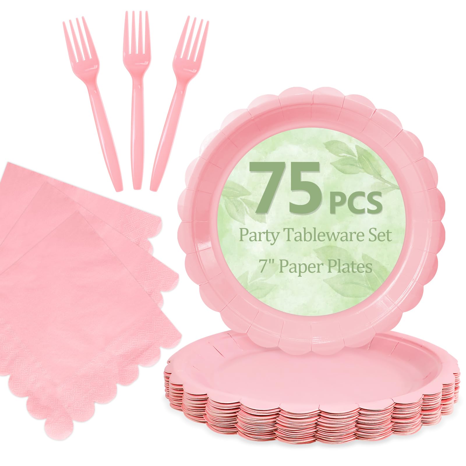 Mulbozy 75 Pink Paper Plates and Napkins Disposable Set for Party,7in
