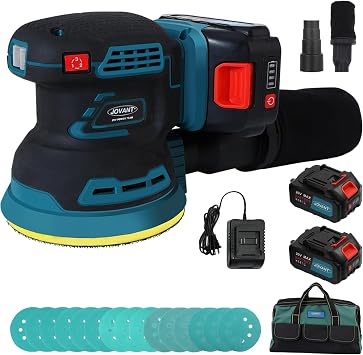 Orbital Sander with 2x20V 4Ah Batteries and 1xCharger,5 inch Variable Speed Cordless Orbital Sander,Brushless Motor Cordless Palm Sander for Woodworking,Sanding,Polishing-JOVANT