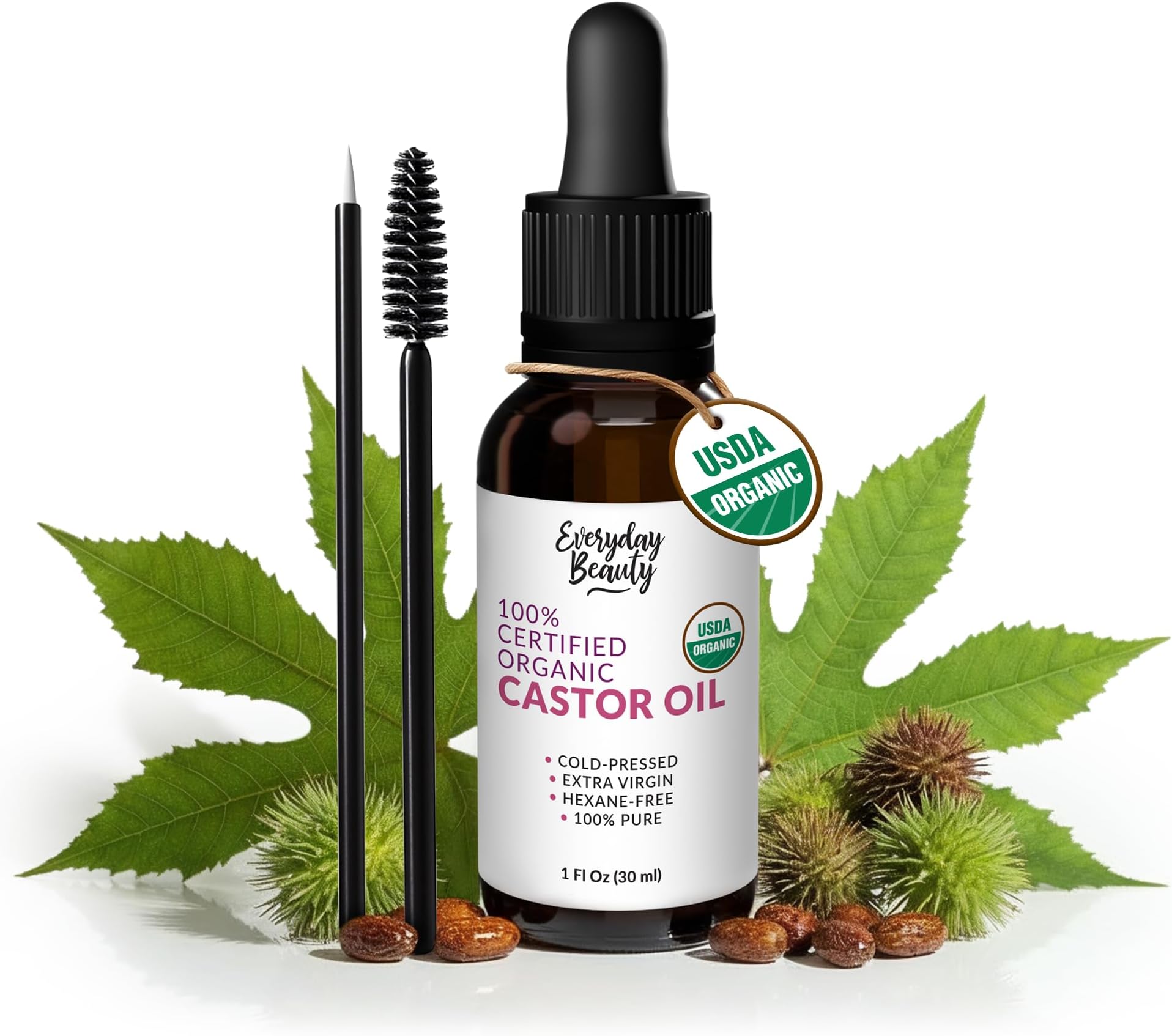 Organic Castor Oil - 100% Pure Certified USDA Organic, Cold Pressed & Hexane-Free, For Eyelashes, Eyebrows, Hair, Skin & Wellness Packs -1oz Glass Bottle & Dropper