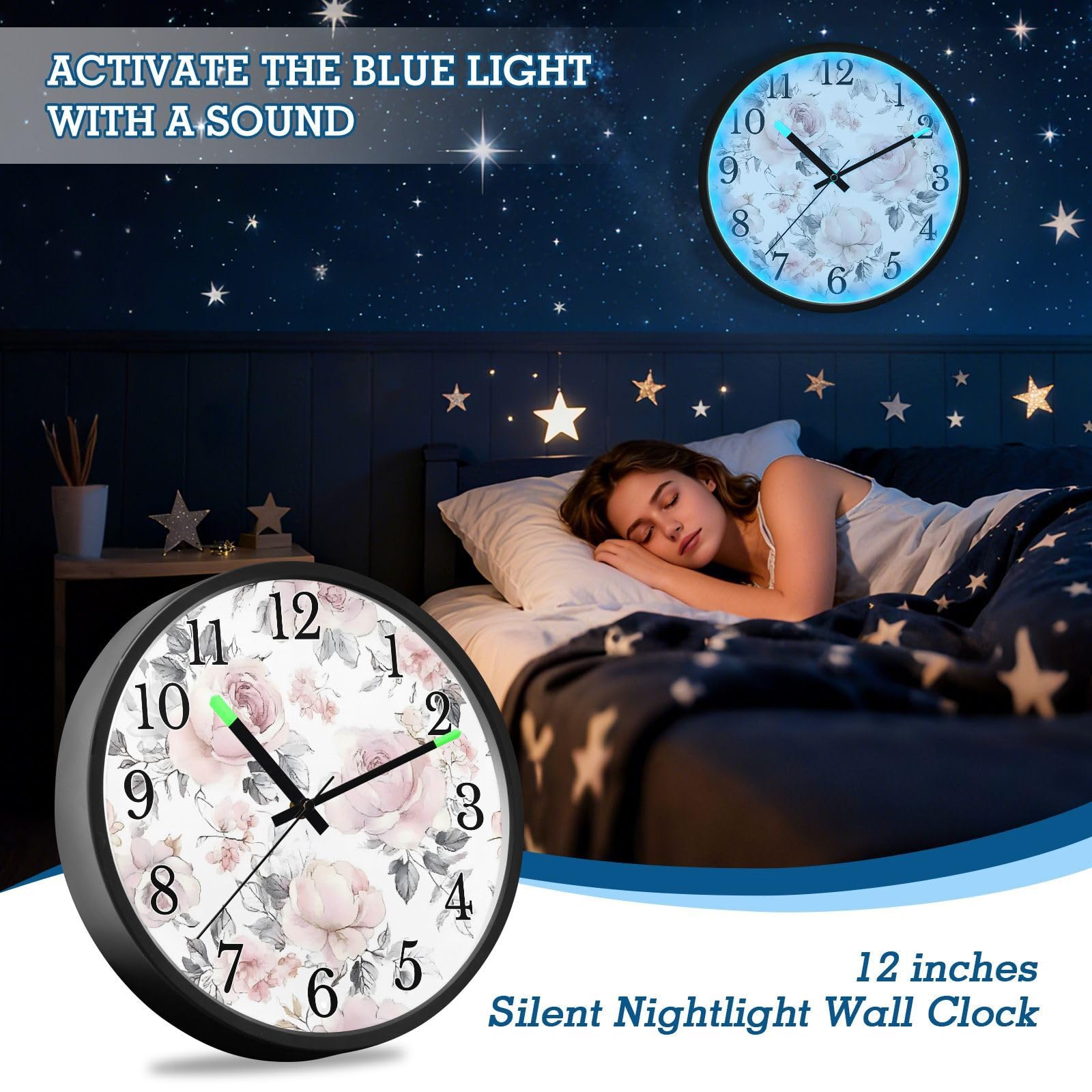 Mnsruu Reloj de pared luminoso con diseño de rosas rosas, hojas grises, funciona con pilas, silencioso, brilla en la oscuridad, para sala de estar, cocina, 12 pulgadas