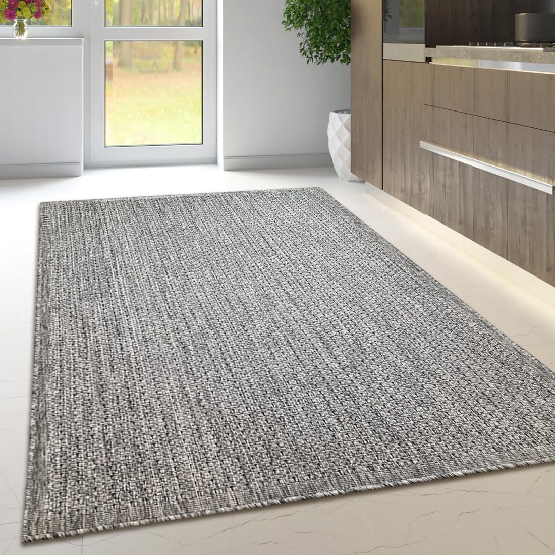 Viva Rugs Non Slip Rug Kitchen Living Room Fat Weave Check Carpet Small Large Runner Mat (200x280cm - 6'7''x9'2'' ft, Grey Plain)