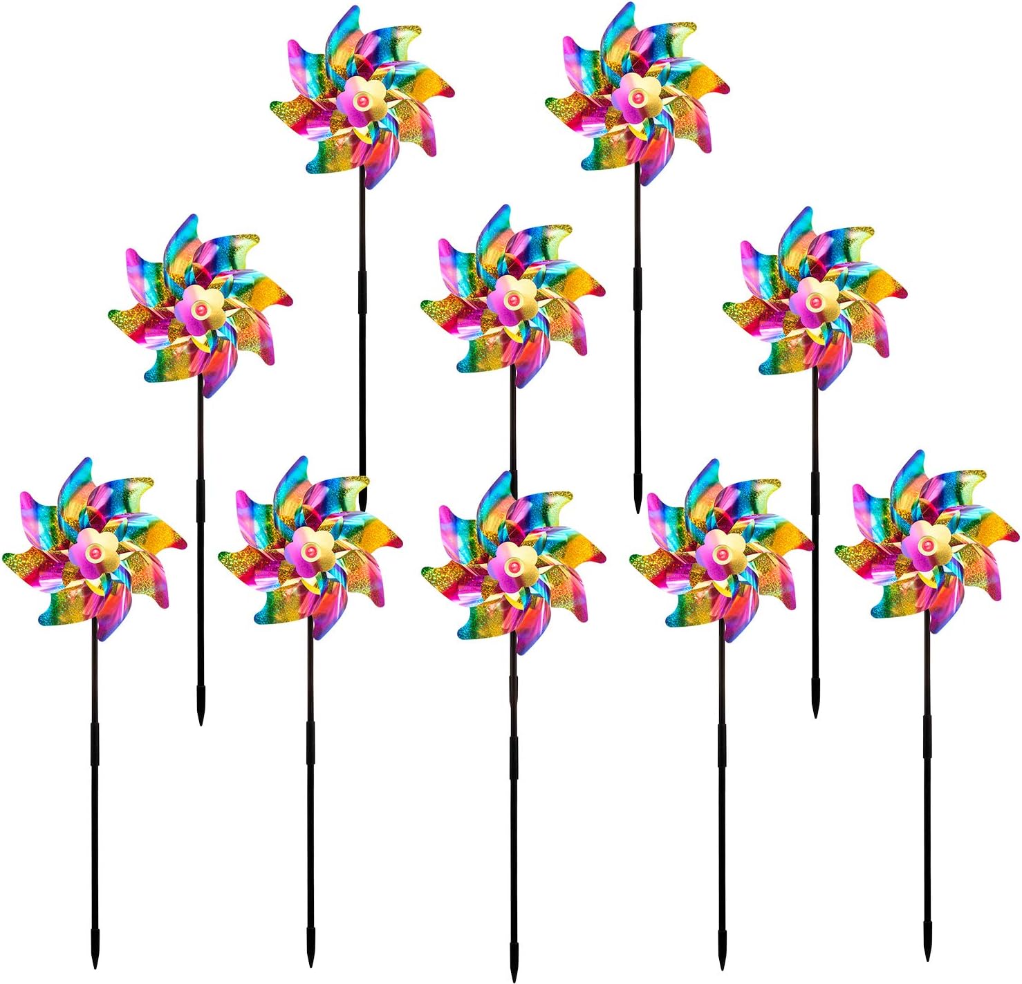 Sparkly Holographic Pinwheel Reflective Whirl Pinwheels Spinners Windmill Bright Blended Golden Design DIY Set for Kids Adult Garden Orchard Lawn Farm Beach Decor (Set of 10) (Rainbow)