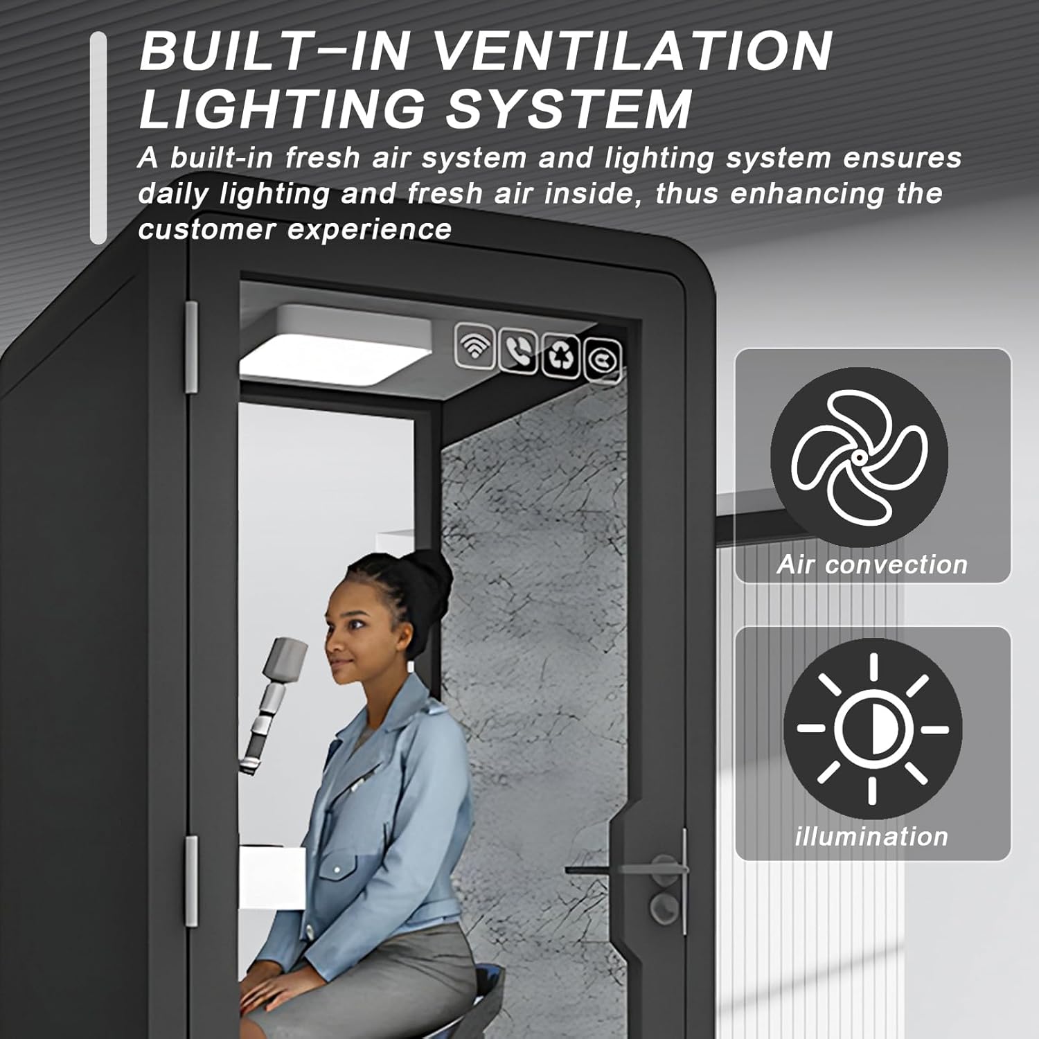 Office Sound Booth with Audio Privacy - Portable Soundproof Booth Includes Black Modern Design,Modern Room with Light,Fans, Socket Metal Frame for Telephone Booth (39.37IN)