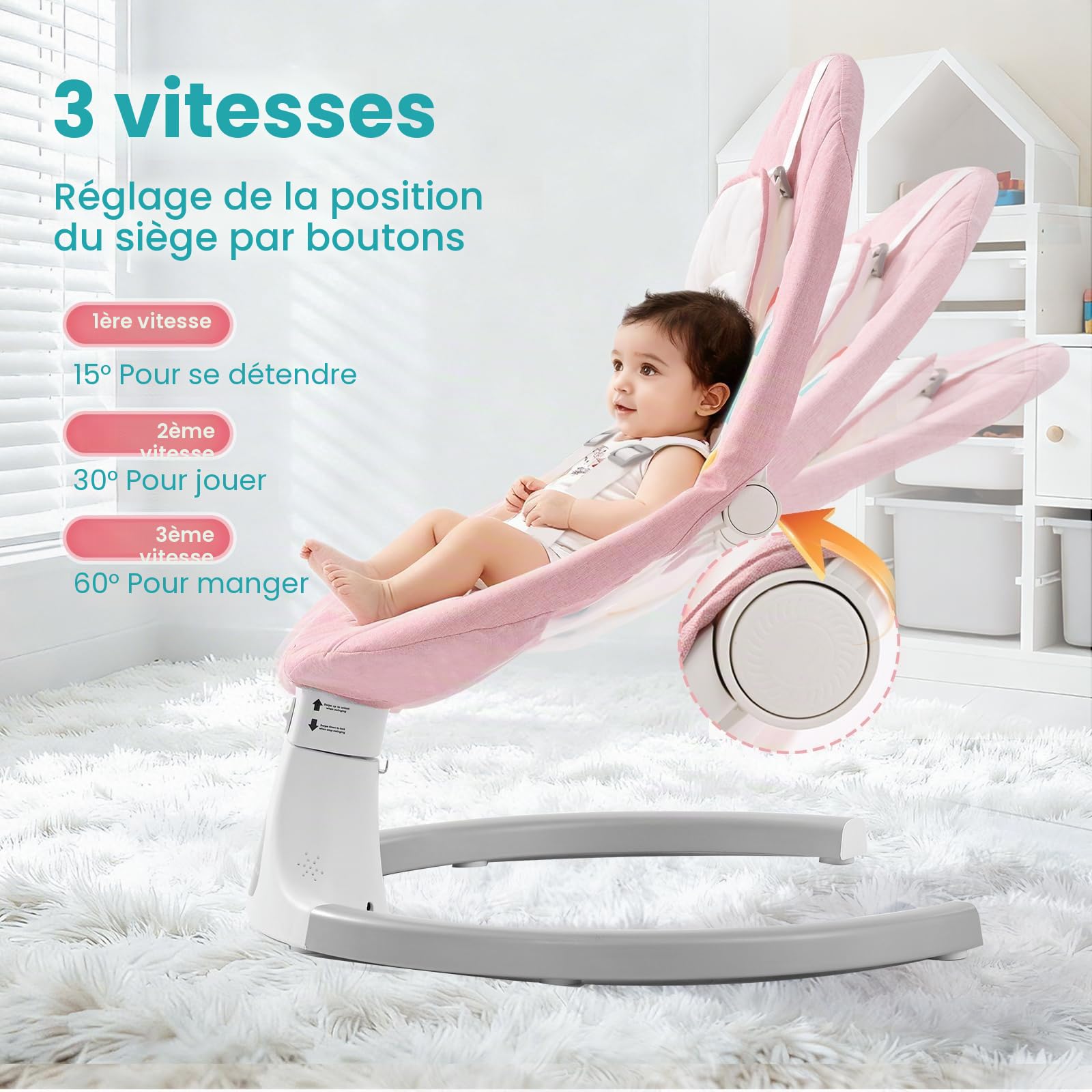 Bebe Balancelle Électrique avec Bluetooth, 5 Vitesses, 3 Angles, Télécommande, Écran Tactile et Plateau Amovible (Rose)