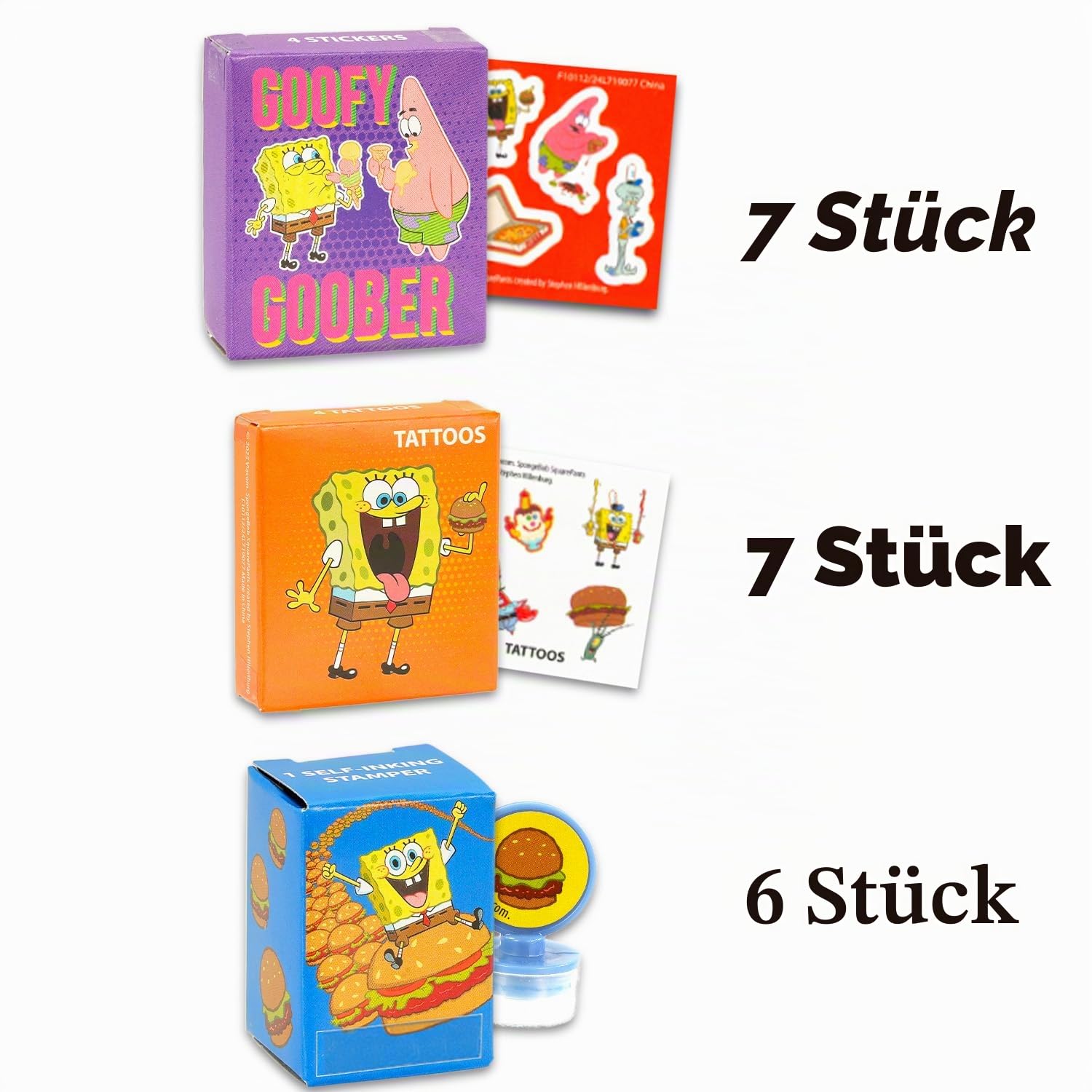Spongebob Gastgeschenke für 20 Gäste, 20 Stück Spongebob Geschenkboxen mit Aufklebern, Tattoos und Stempeln, Partyzubehör und Dekorationen, Kombi-Pack