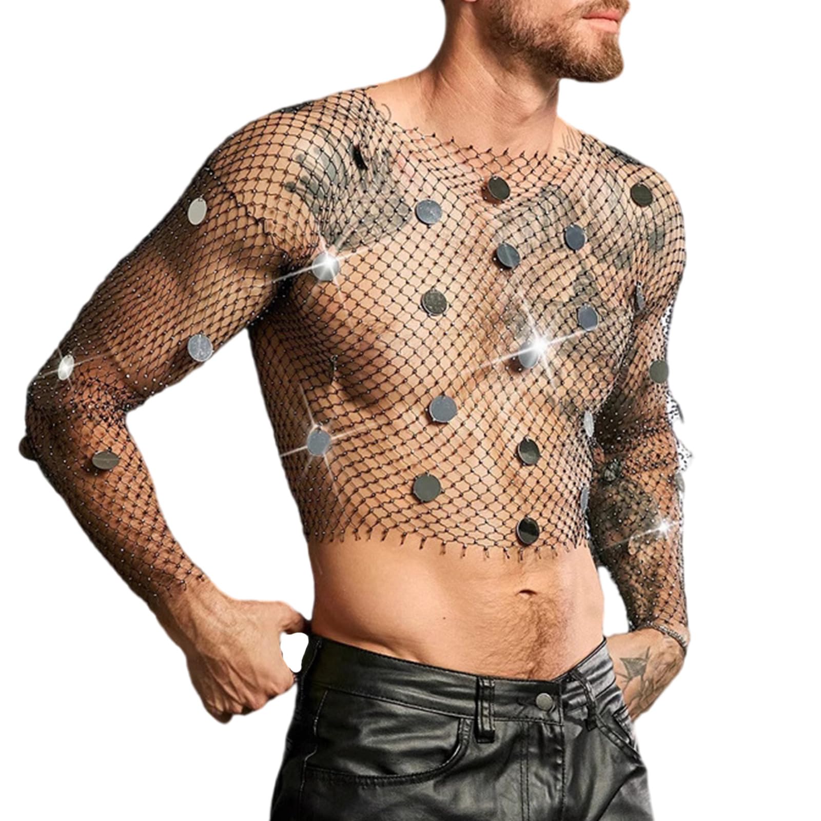 Funkelndes Pailletten Mesh Shirt für Herren, atmungsaktives Outfit, langärmeliges, mit Strasssteinen Verziertes Netz Top, Fischernetz Shirt