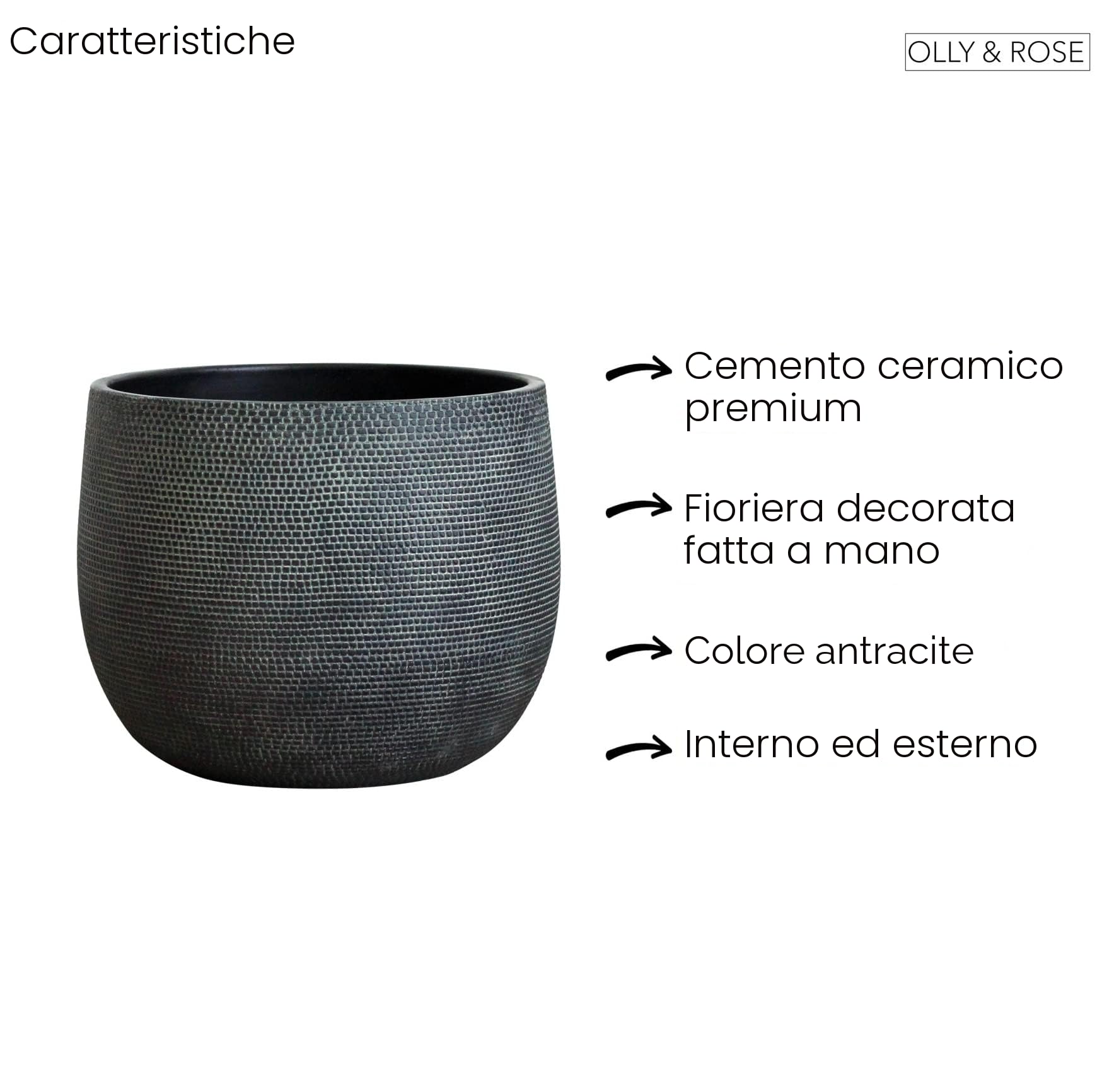 Olly & Rose Barcellona - Vaso per piante in ceramica, grande, 25 cm, colore nero, per interni ed esterni