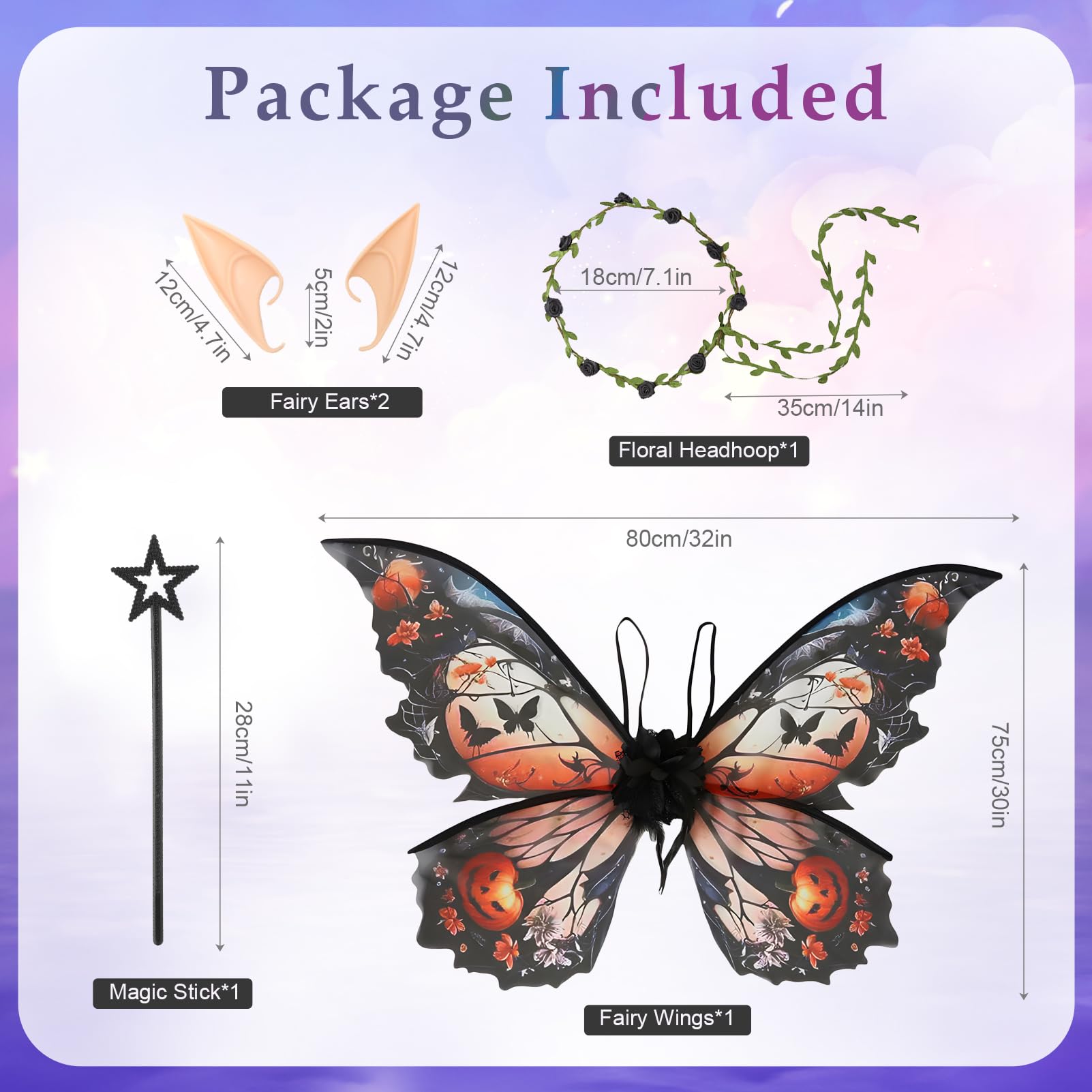 Snylcce Fairy Wings for Adults Fairy Costume Set including Floral Garland, Hair Tinsel, Wand & Elf Ears Butterfly Wings - Image 2