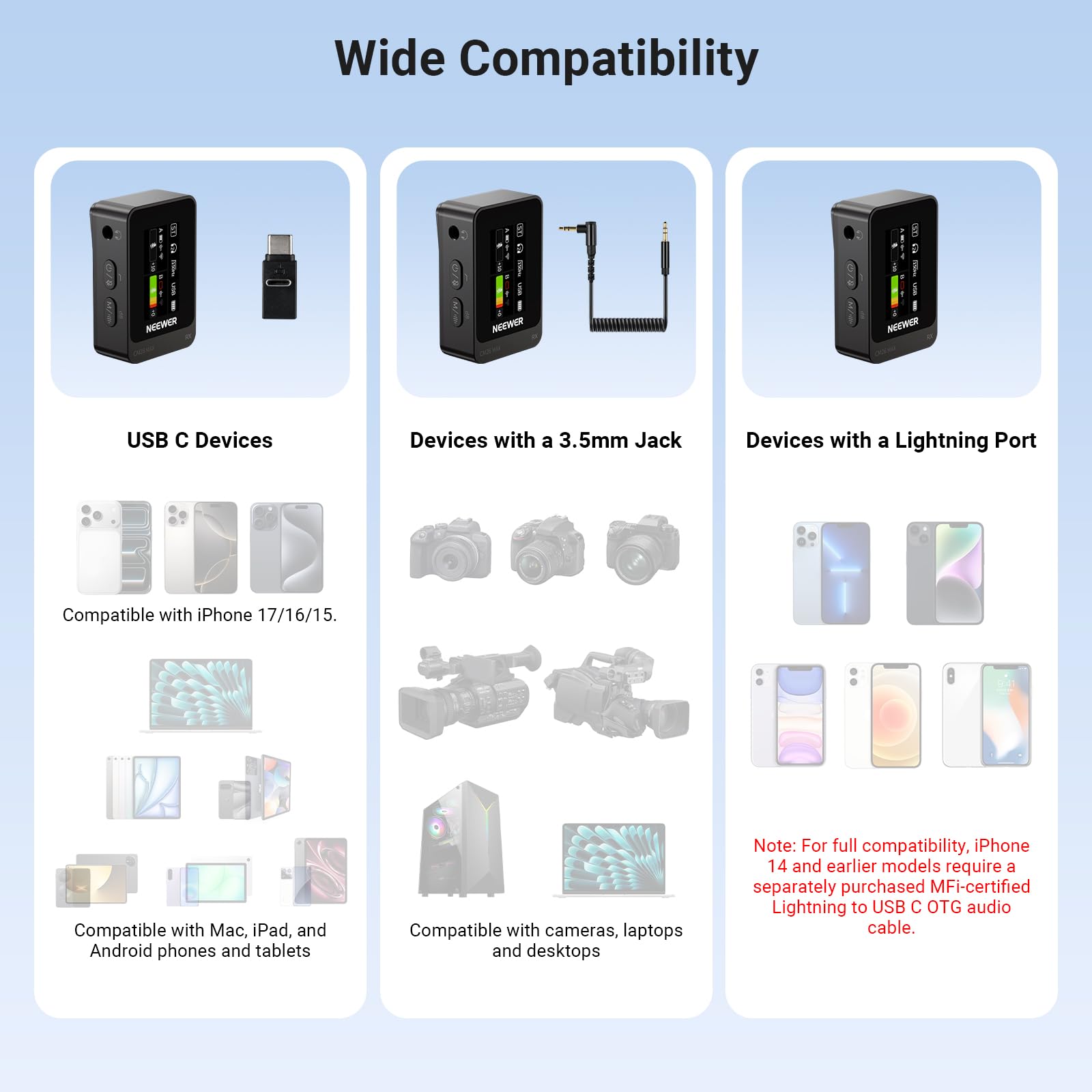 NEEWER CM26 MAX AI Micrófono Solapa Inalámbrico Compatible con iPhone 17 16 15 Android Cámara PC USB C Plug & Play App Control 2 Nivel Cancelación Ruido 50h Batería 120m Alcance Apple MFi Certificado