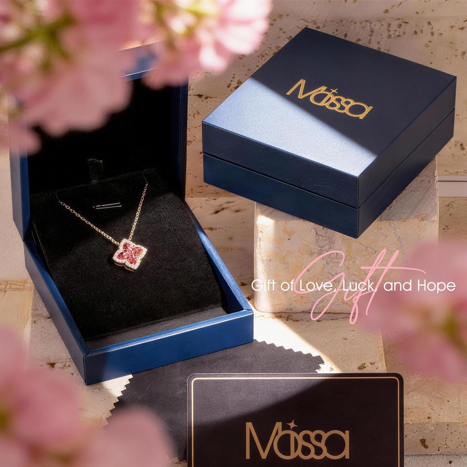 Moissa 925 Sterling Silver Eternal Four-Leaf Clover Necklace 18"+2", Ice-Frosted Lab Zircon & Hollow Back LOVE Design, Perfect for Birthday Anniversary Graduation Mother's Day, Symbol of Love & Luck