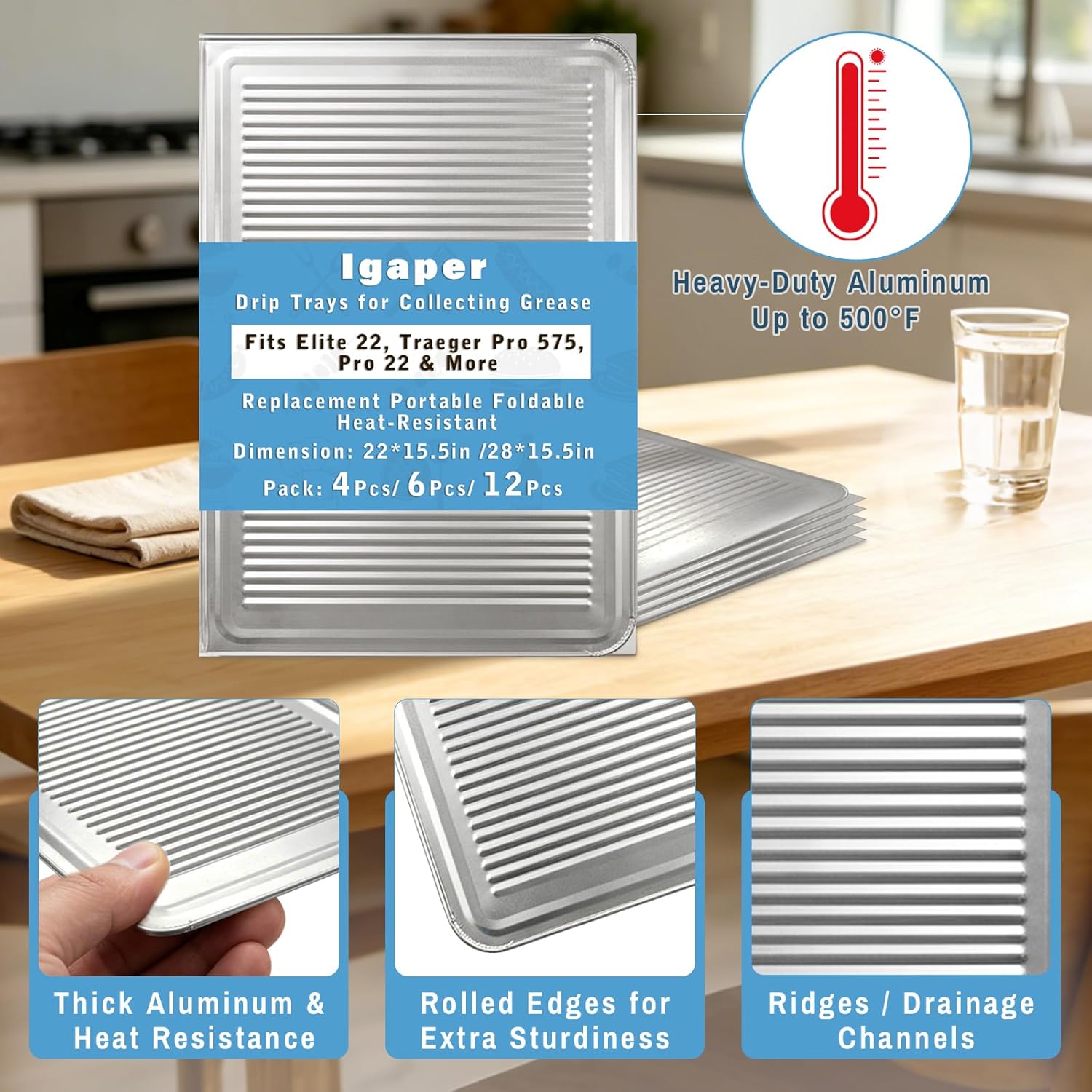 6 Pack Grill Drip Tray Liners for Traeger Pro 575, Pro 22 and Elite 22 / Traeger Pro 780, Aluminum Disposable Drip Trays with Two Size, Grill Accessories (22in / 28in X 15.5in)