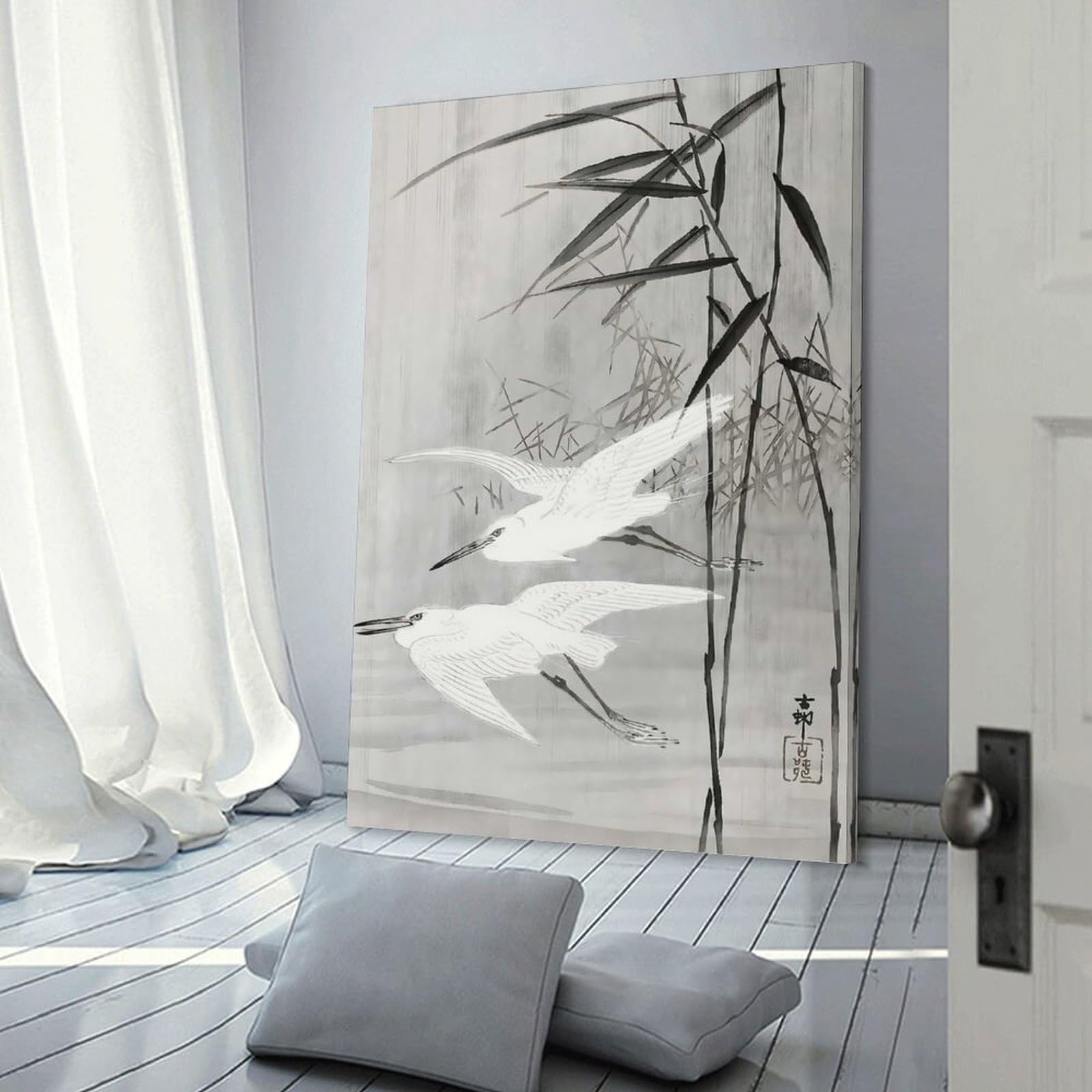 Junmoney Frame-Style-20 Canvas Wall Decor Ukiyo E Two Egrets, 24X36inch(60X90cm), For Living Room, Bedroom, Office Or Hallway, Decorative Artwork With Broad Appeal