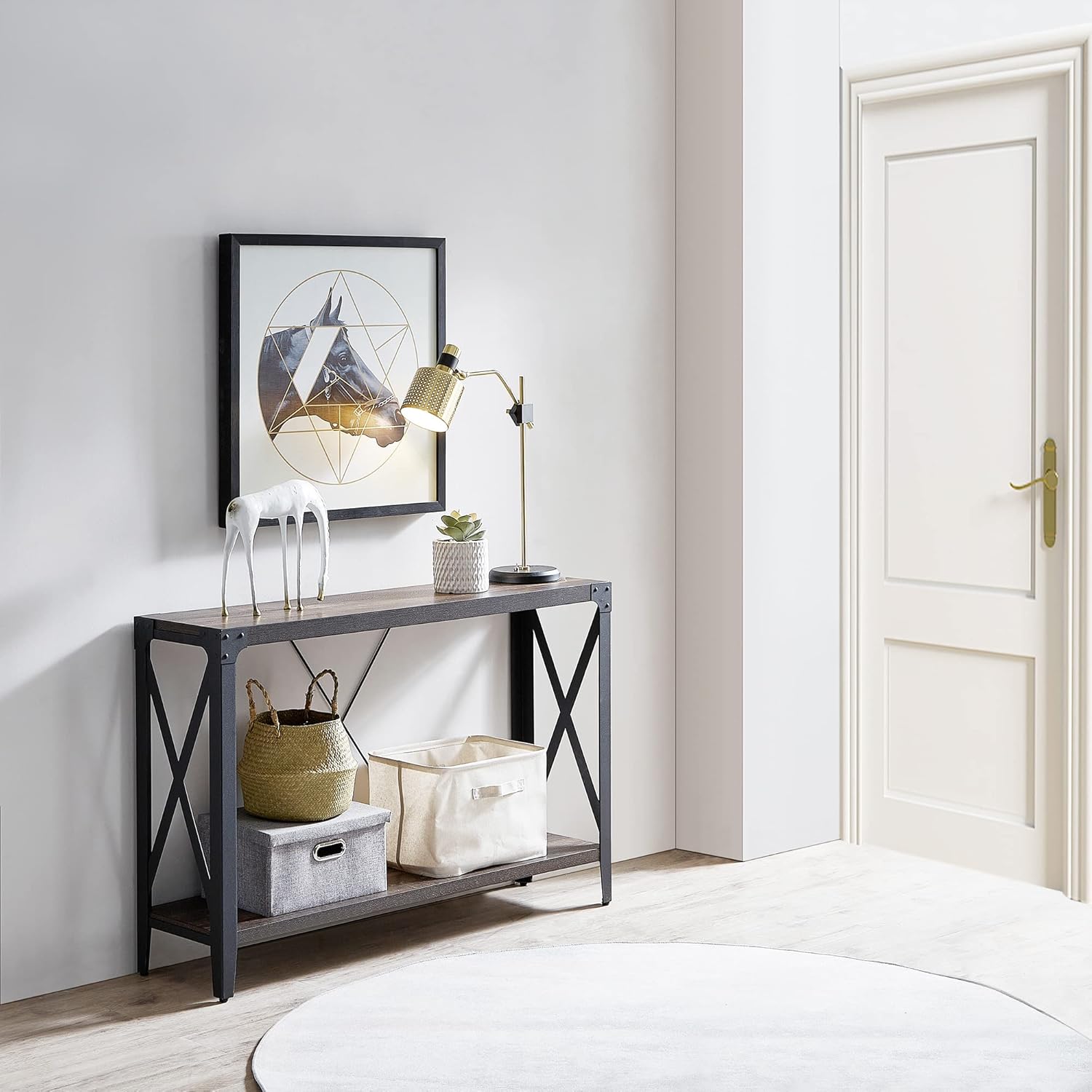 OKD Living Room Table Set of 4, Include Industrial Console Table, Coffee Table and 2 End Tables with X-Shaped Sturdy Metal Frame, Dark Rustic Oak : Everything Else