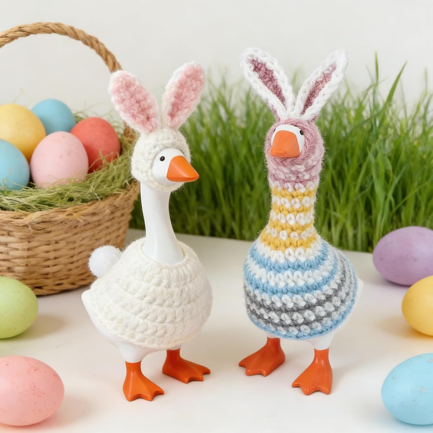 7 Inch Desk Goose Outfits, 2 Sets Easter Desk Goose Costumes Accessories, Festive Bunny Knitted Desktop Magnetic Goose Statue Clothes | Spring Holiday Party Home Office Table Decor