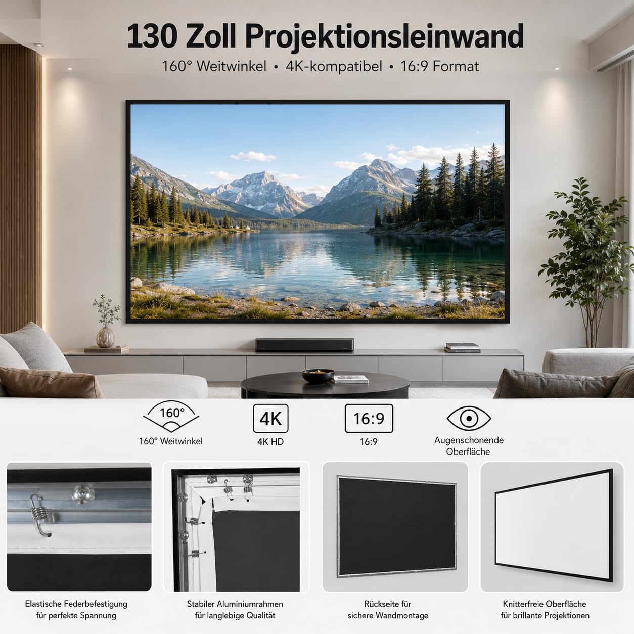 Schermo per proiettore da 130 pollici, 16:9, con telaio in alluminio | Angolo di visione di 160°, montaggio a parete e soffitto, pieghevole, per home theater, giochi, campeggio e conferenze