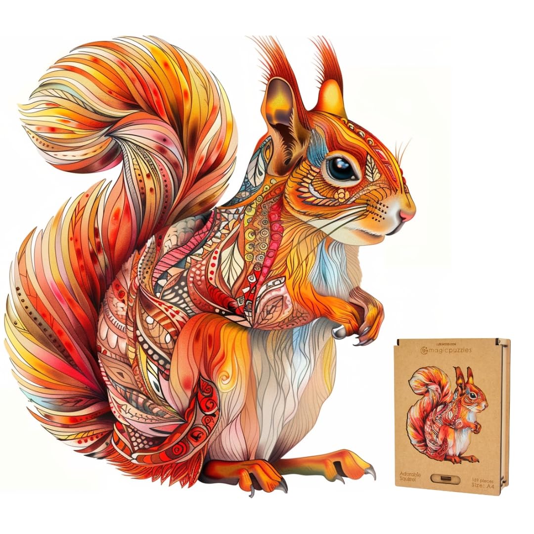 Lubiwood Adorable Squirrel Unique Animal Wooden Puzzle (24 x 24 cm) - Promotes Ingeniousness & Intellectual Power - Includes Wooden Gift Box