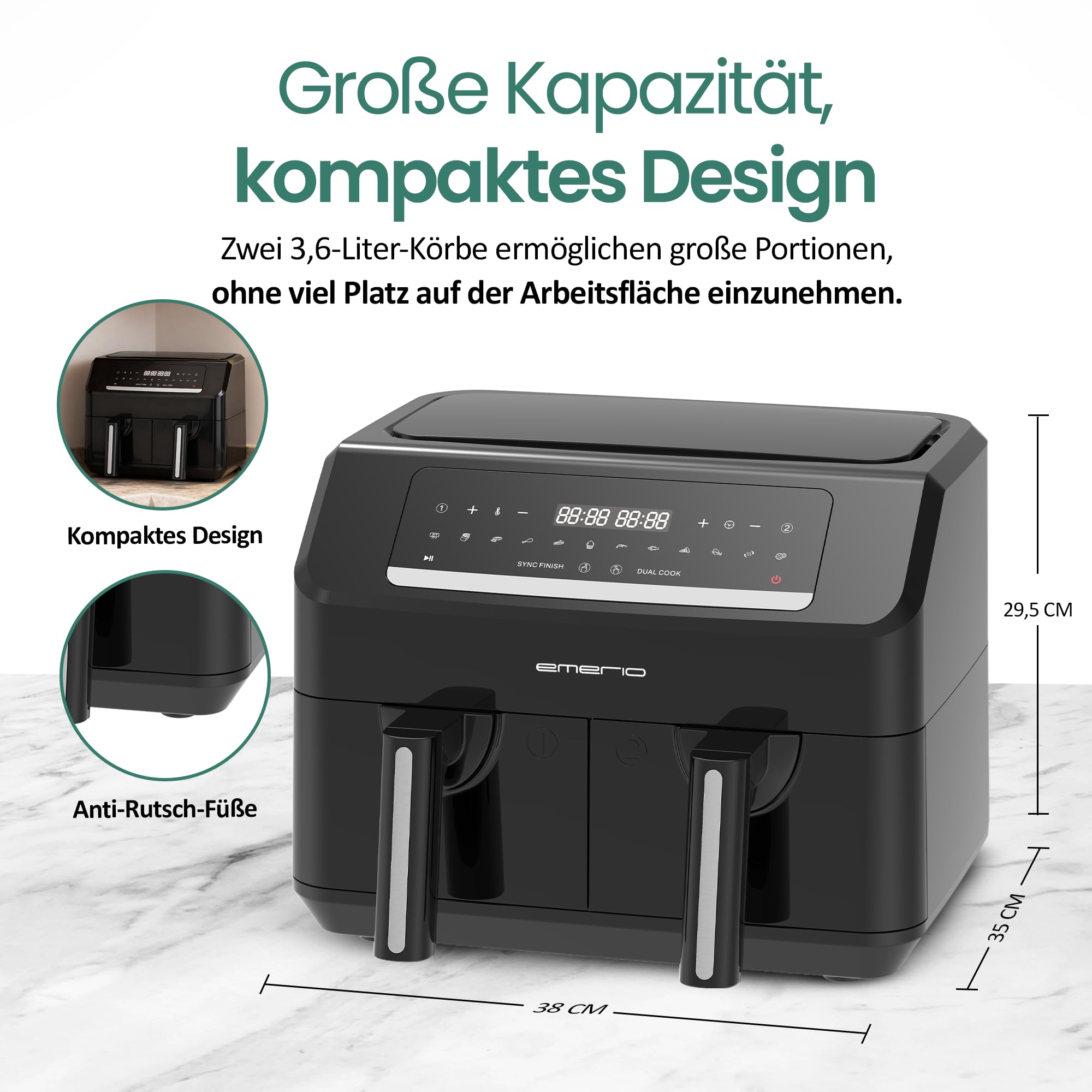 Emerio AF-130376.1 cyfrowa frytkownica na gorące powietrze, bez dodatkowego oleju, 2 x 3,6 l, 12 programów, bez BPA, funkcja SYNC FINISH (oba gotowe jednocześnie)