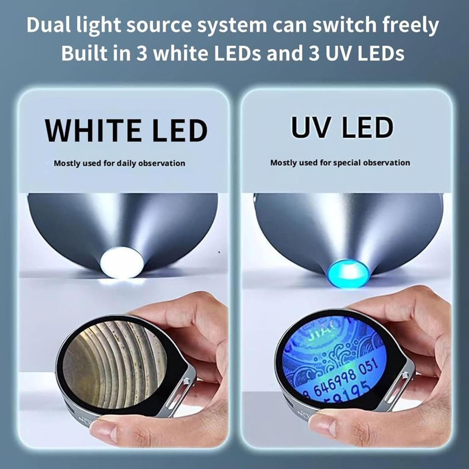 Lente d'ingrandimento per microscopio anti-imbuto, 7X/11X/15X, lente d'ingrandimento portatile con schermo LCD da 2,1", luce bianca/UV, registrazione di foto/video, per valutazione artistica, test sui