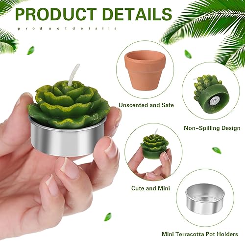 Miniatura 3 de Treela 6 velas decorativas de cactus para suculentas, velas de té hechas a mano, decoración de baby shower, planta elegante con mini soportes de