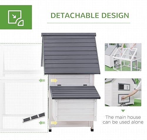 Miniatura 6 de PawHut Gallinero de madera de 65 pulgadas con pista desmontable, jaula para aves de corral al aire libre con caja nido, bandeja extraíble, barras de