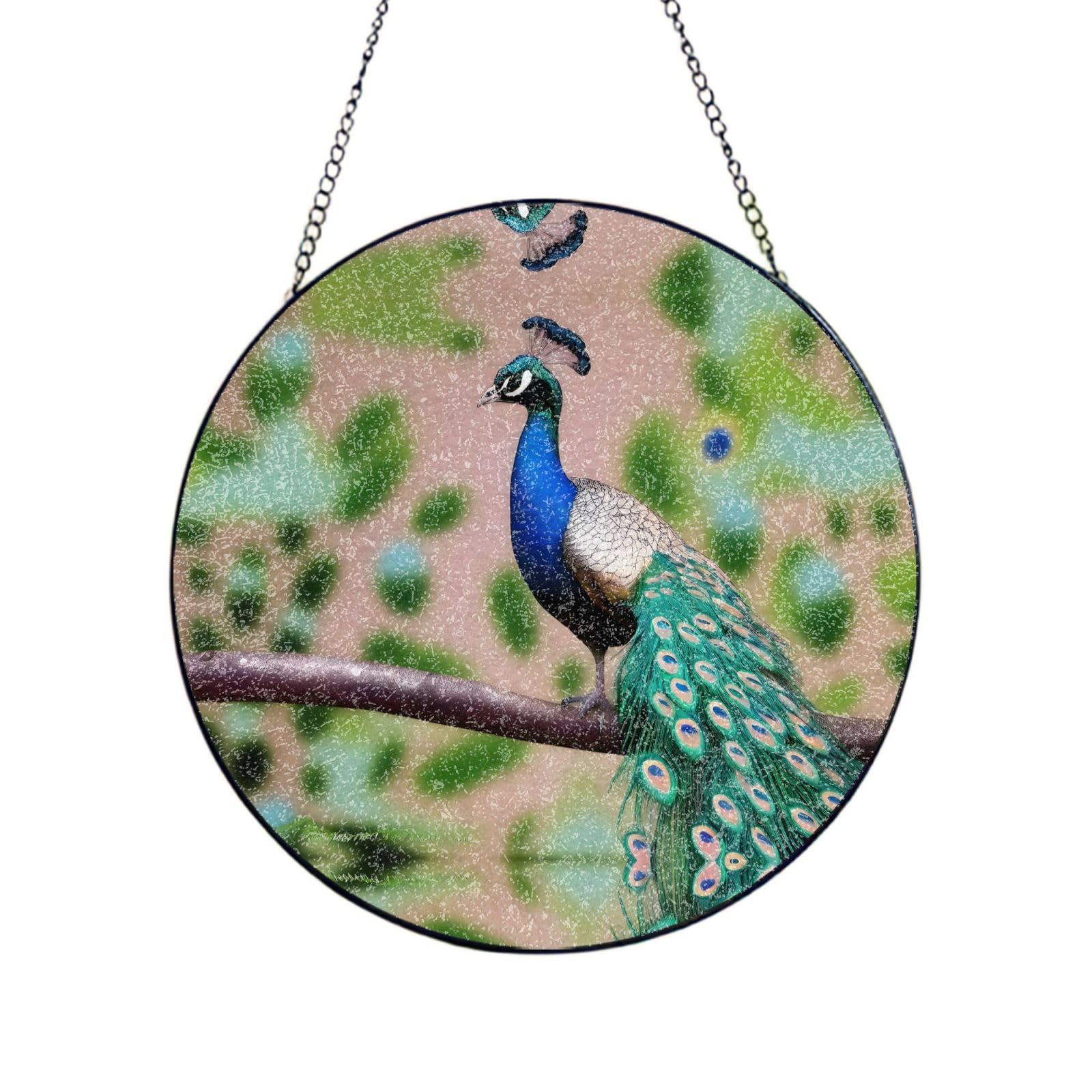 Phayah Birds Peacock Print Glass Window Hanging Round Suncatcher Glass Ornament Garden Wall Fence Decorations Indoor Outdoor 10in（25cm）