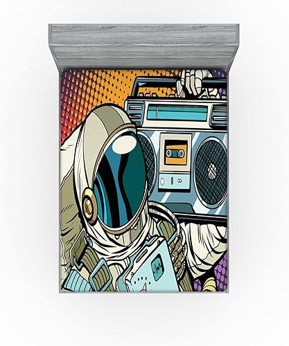 Miniatura 2 de Lunarable Rapper 2 Pack Fitted Sheet, Astronaut with Retro Boombox, Bed Cover All-Round Elastic Deep Pockets 2 Pieces, Package Contains 2 King Size