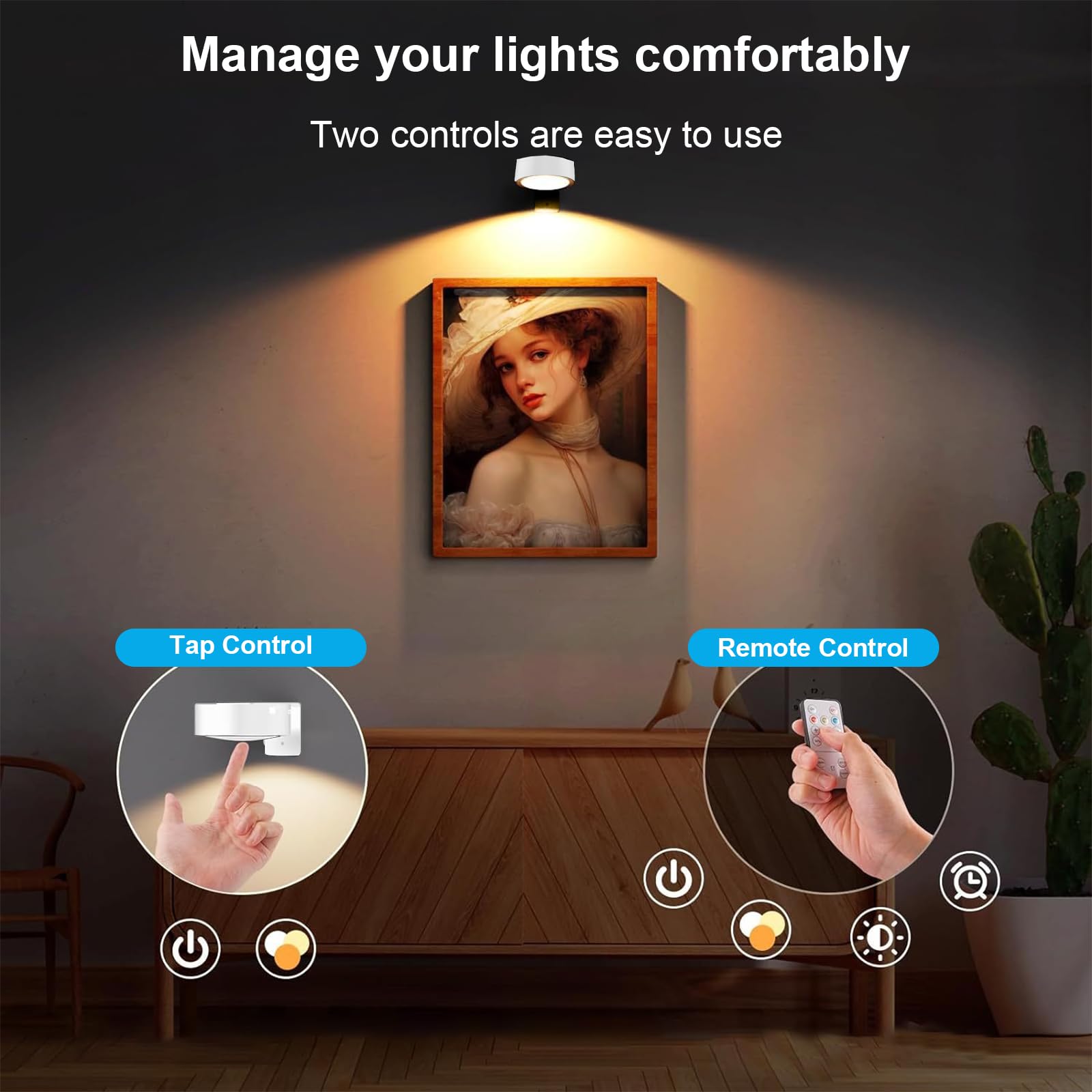 Lot de 2 lampes magnétiques sans fil avec 3 modes d'éclairage - Spot LED sans fil - Avec télécommande et minuterie - Pour peinture photo - Blanc