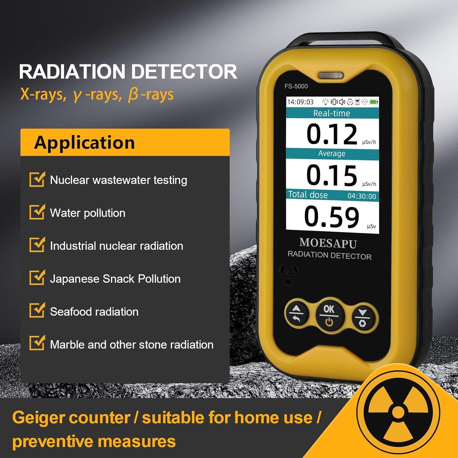 MOESAPU Geiger Counter Nuclear Radiation Detector, Rechargeable Handheld Radioactive Dosimeter with 2.4“ TFT Display GM Tube Detects X Ray Beta Gamma Portable Radiation Testing Device, FS5000 (Amber) — Amazon image 2
