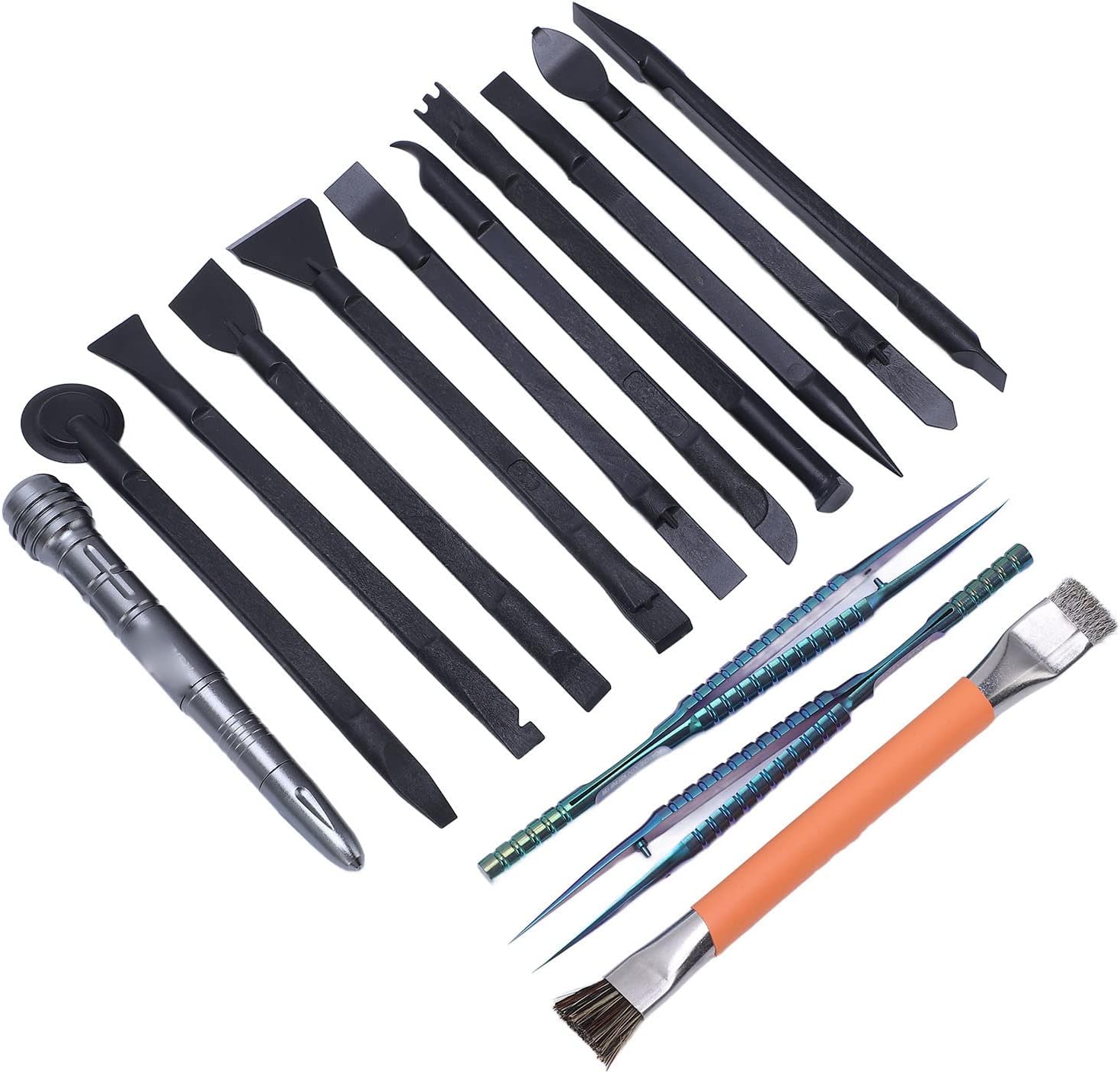 14 Piece Electronics Maintenance Tool Set with 10 Spudgers Screen Breaker Brush Straight and Bend Tweezers Compatible with iOS OS X Laptop and Mobile Phone PCB Solder Repair