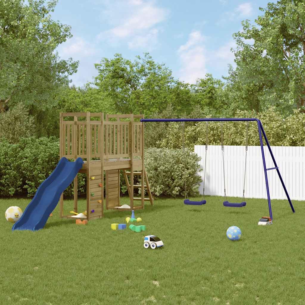 Torre da gioco in legno di pino impregnato, struttura da arrampicata con scivolo ondulato, altalene, sabbiera a dondolo, parete da arrampicata, 308 x 383 x 169 cm, per giardino e parco giochi