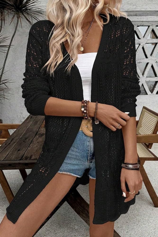 Chic and Versatile Open Front Cardigan - Black Crochet Fabric