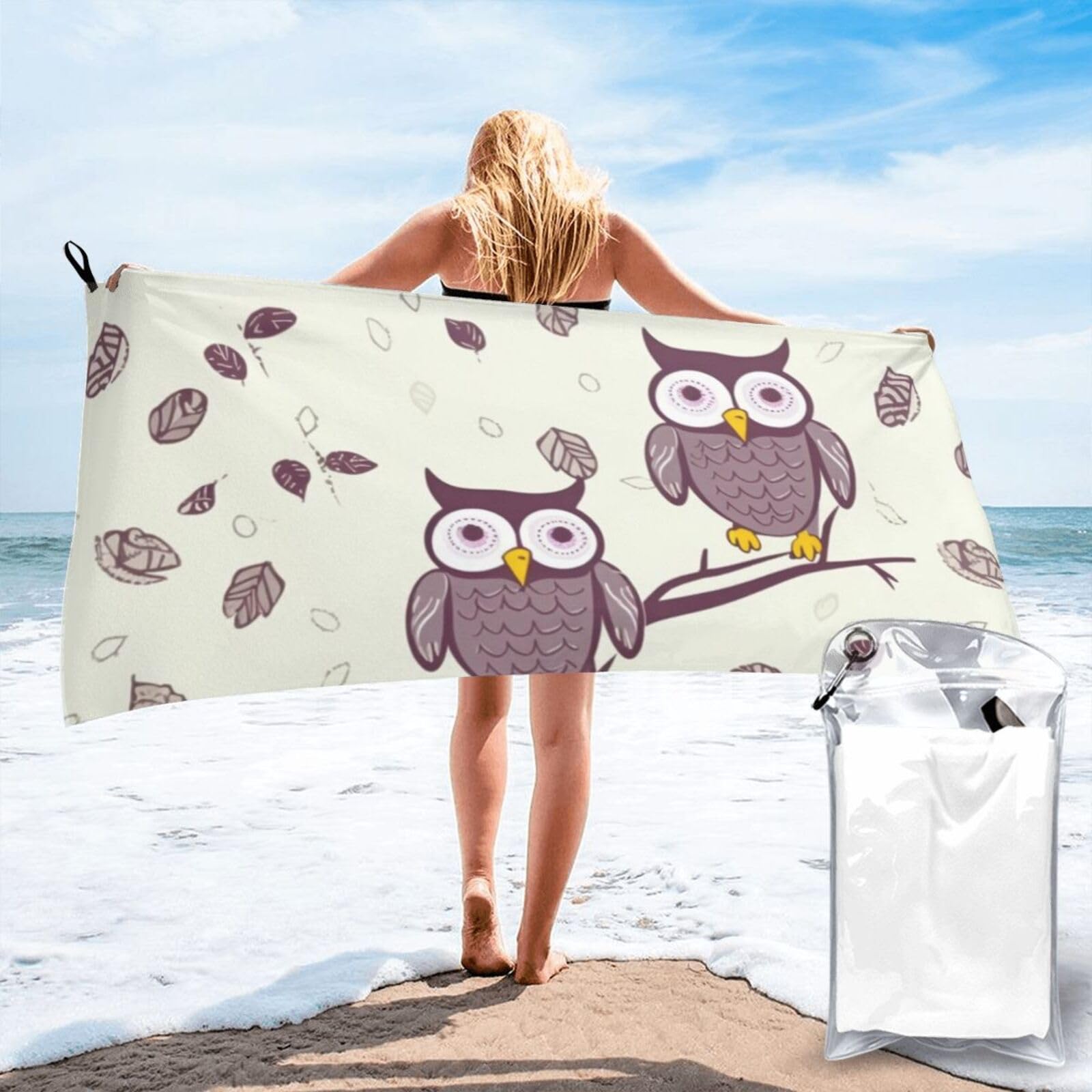 Microfiber Sand Free Beach Towel 27.5"x55", Quick Dry Absorbent Travel Towel Large Camping Blanket, Owl Tree Branches Bath Towels Lightweight Pool Swim Towels for Vacation Essentials