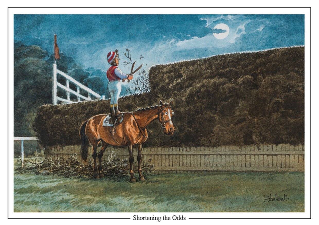 Shortening the Odds by Thelwell. Horse racing or point to point themed greeting card. Large A5 size. Perfect gift for horse lovers.