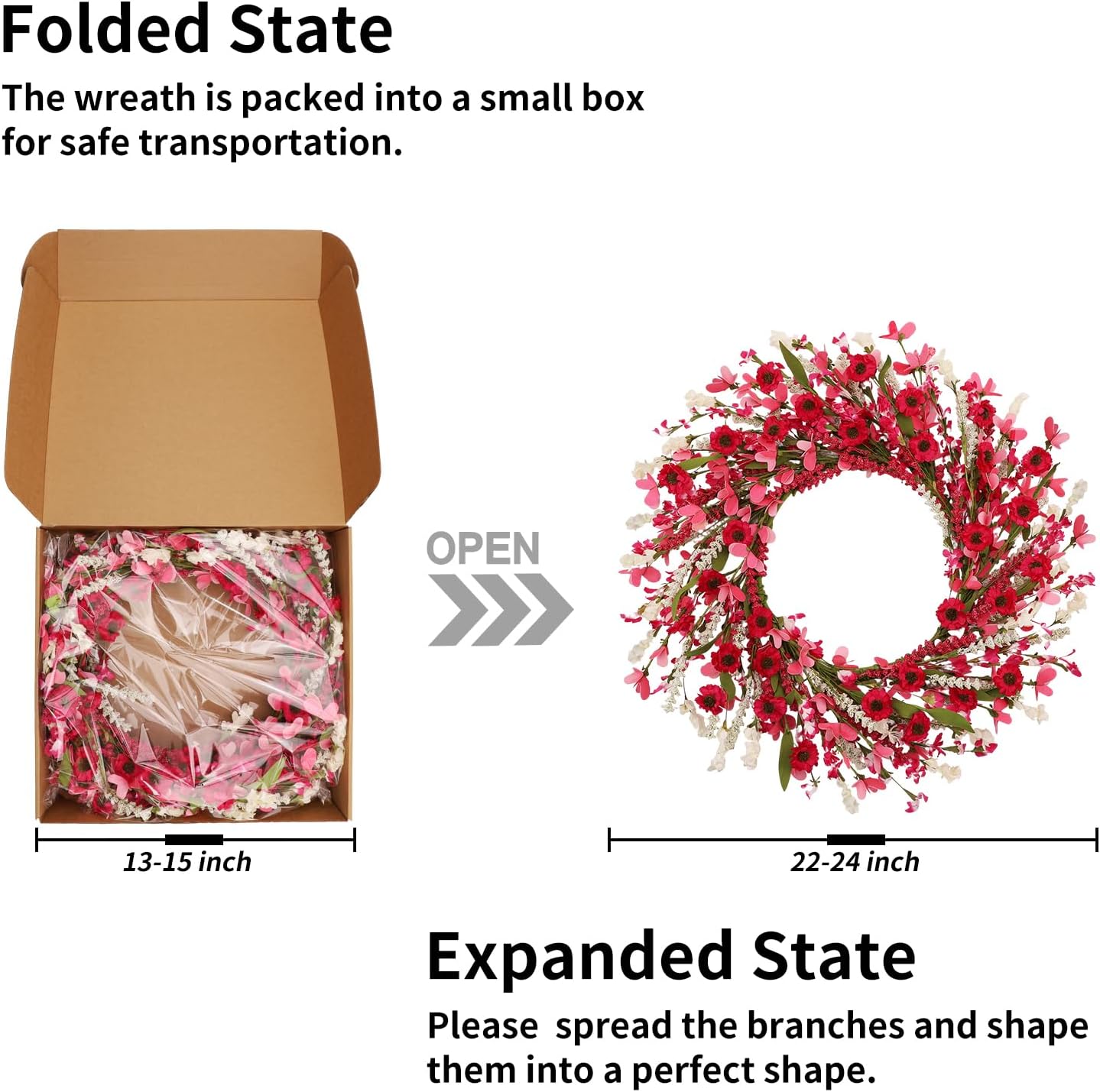 24 Inch Pink Floral Wreath for Front Door, Artificial Spring Wreath with Red Pink Daisy, White Wildflowers and Eucalyptus Leaves, All Seasons Farmhouse Indoor Outdoor Home Wall Decor