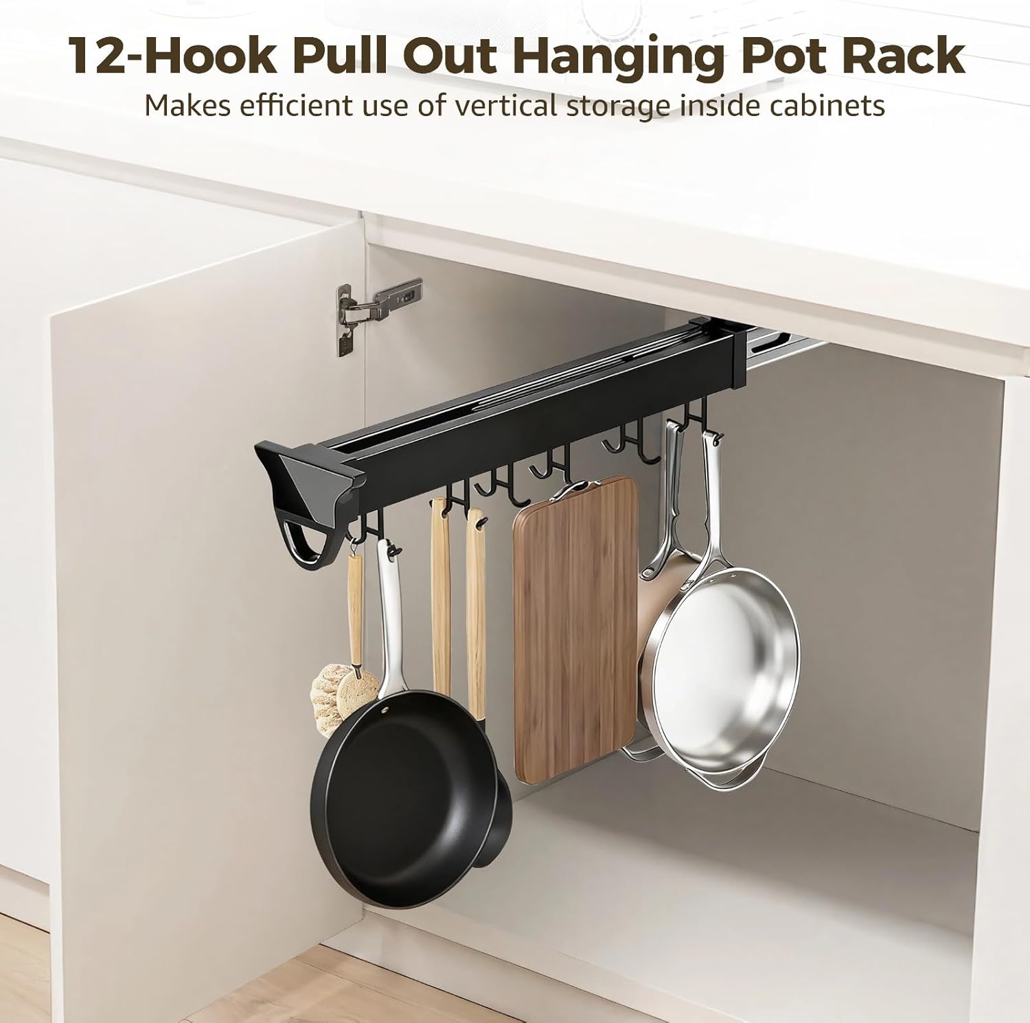 Extendable Kitchen Pot Rack - Sliding, 12 Hooks, And Metal